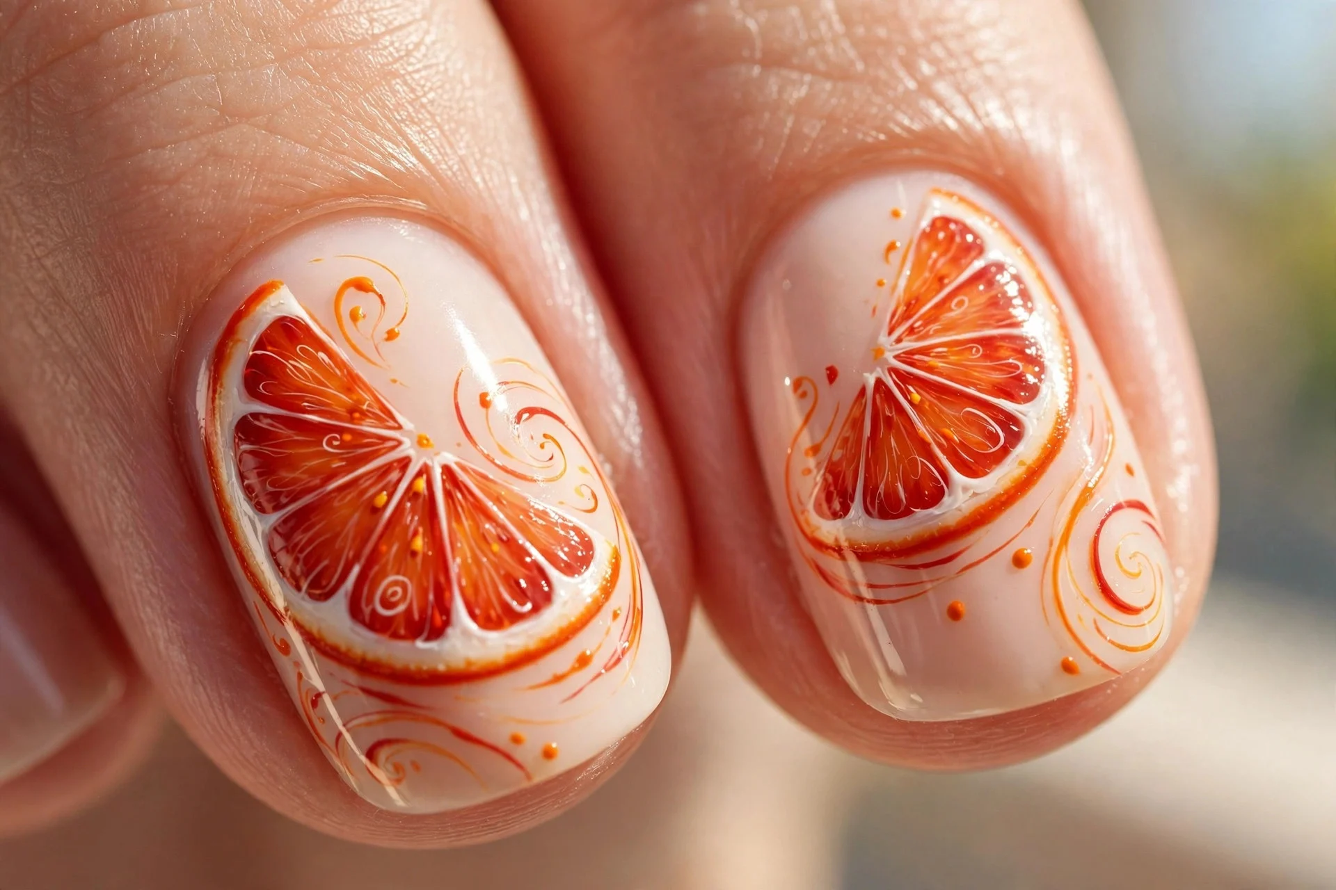 Extreme macro of two fingernails with creamy sheer base and hand-painted blood orange citrus slice swirls, bright summery lig