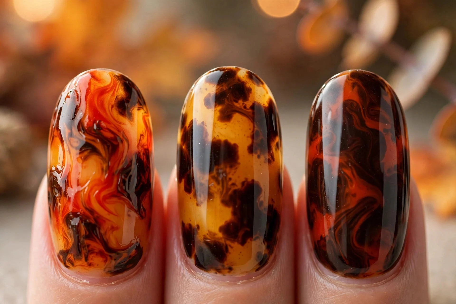 Extreme macro of three fingernails with blood orange, amber and espresso tortoise shell marbling, glossy finish, cozy autumn