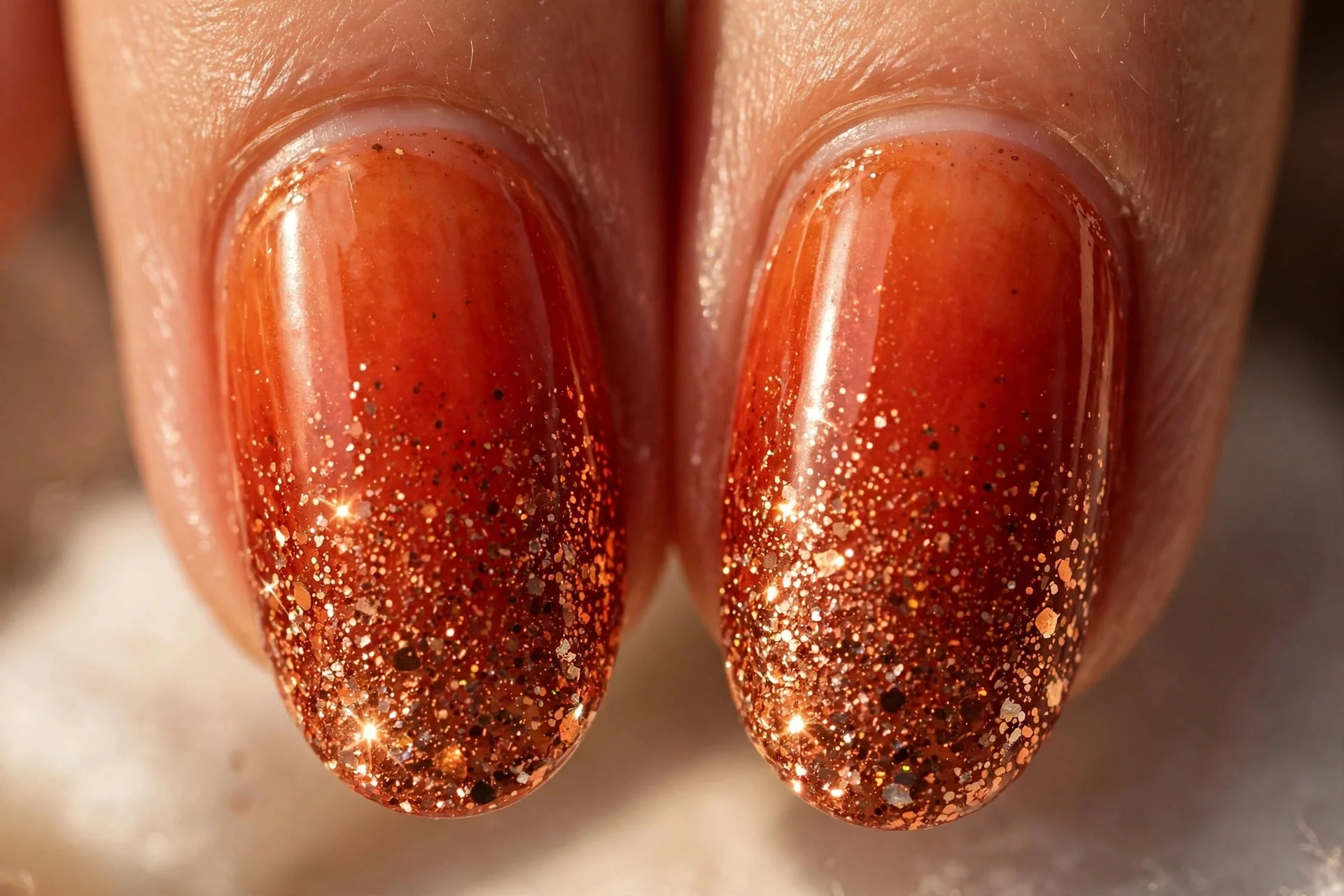 Extreme macro of two fingernails with blood orange base fading into copper glitter at the tips, sparkling detail, warm indoor
