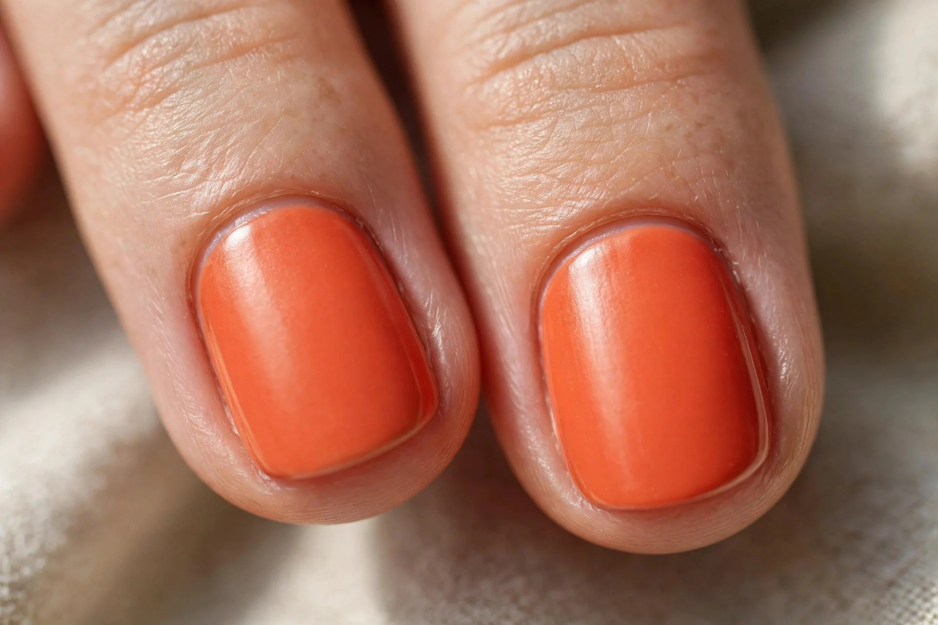 Extreme macro of two short rounded natural fingernails in blood orange crème polish, clean everyday look, soft natural light