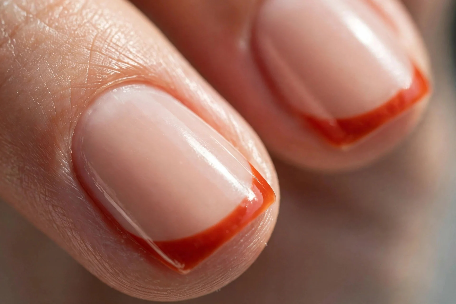 Extreme macro of two fingernails with nude base and blood orange French tips, clean smile lines, soft daylight