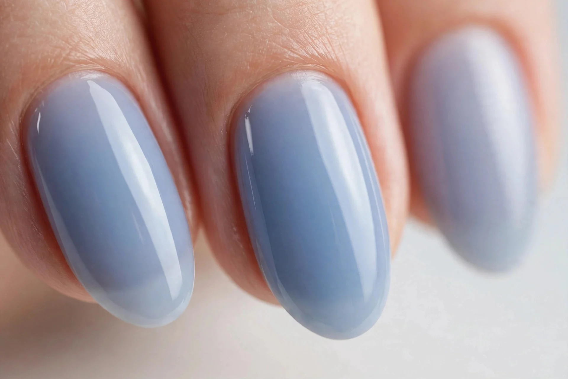 Almond nails with semi-sheer blueberry milk blue, glossy, pale background