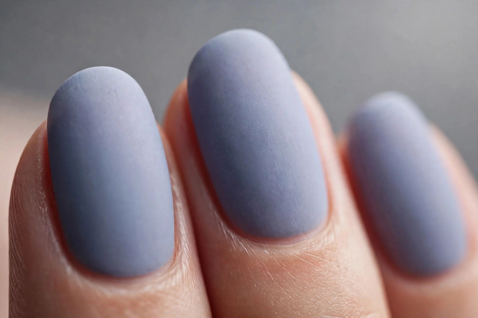 Almond nails with dusty blueberry milk, matte finish, gray background