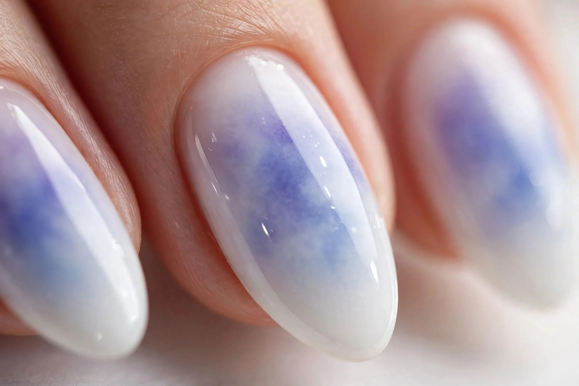 Almond nails with blueberry milk aura fading to milky white edges, glossy, light background
