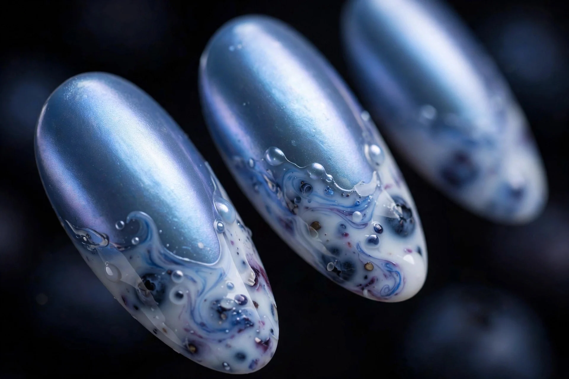 Almond nails with blueberry milk under blue pearl chrome, luminous, dark background