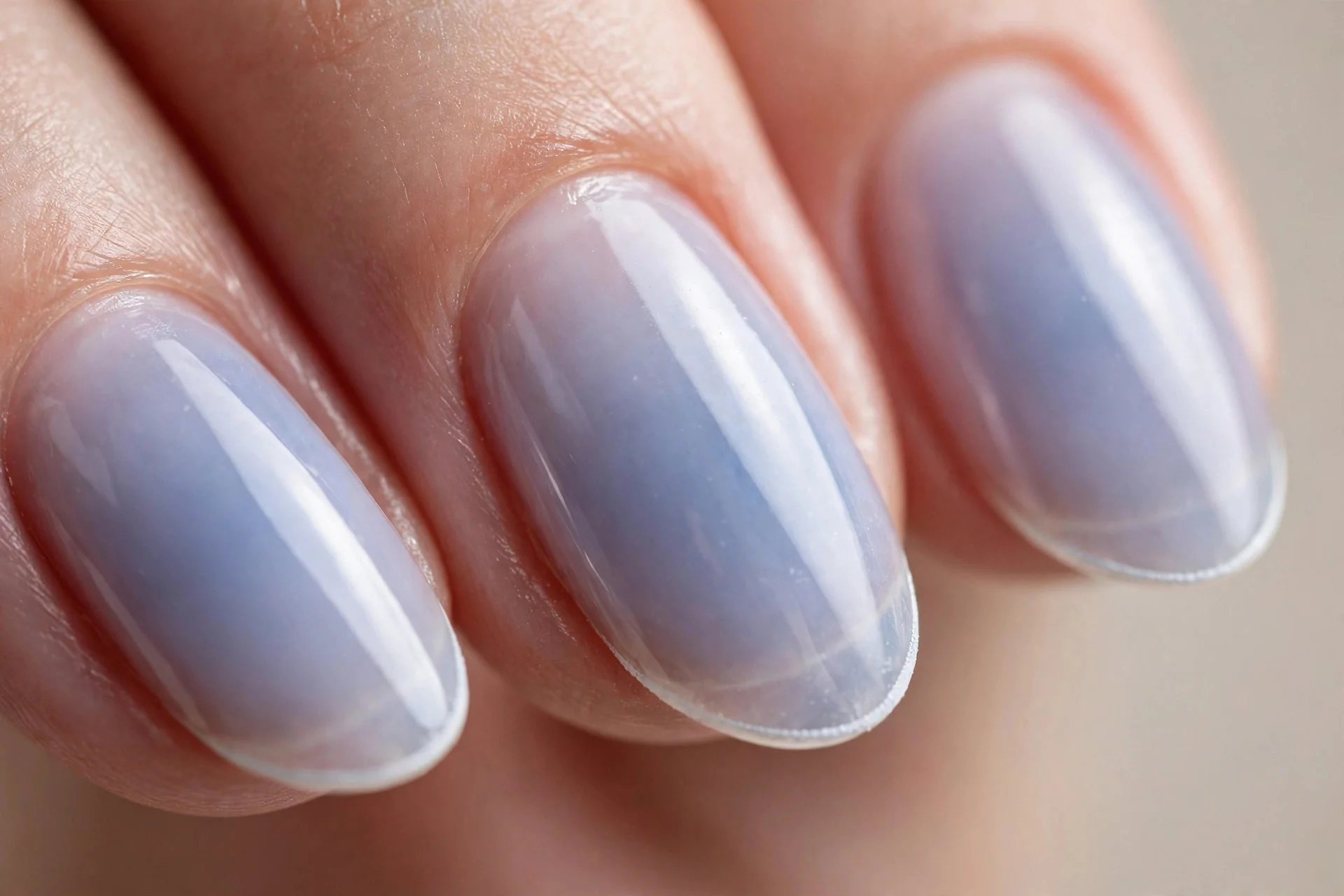 Almond nails with sheer blueberry milk base and thin white micro-French tips, glossy, beige background