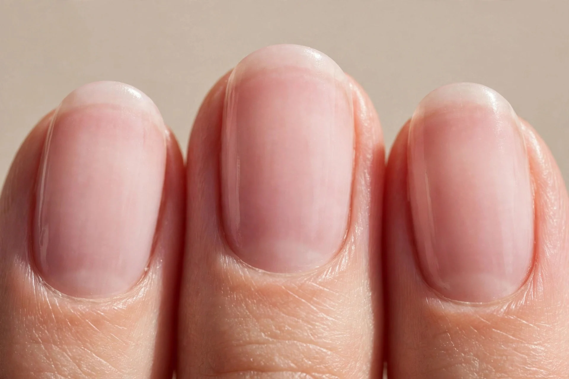 sheer watery ballet-pink wash on short almond nails, barely-there creme finish