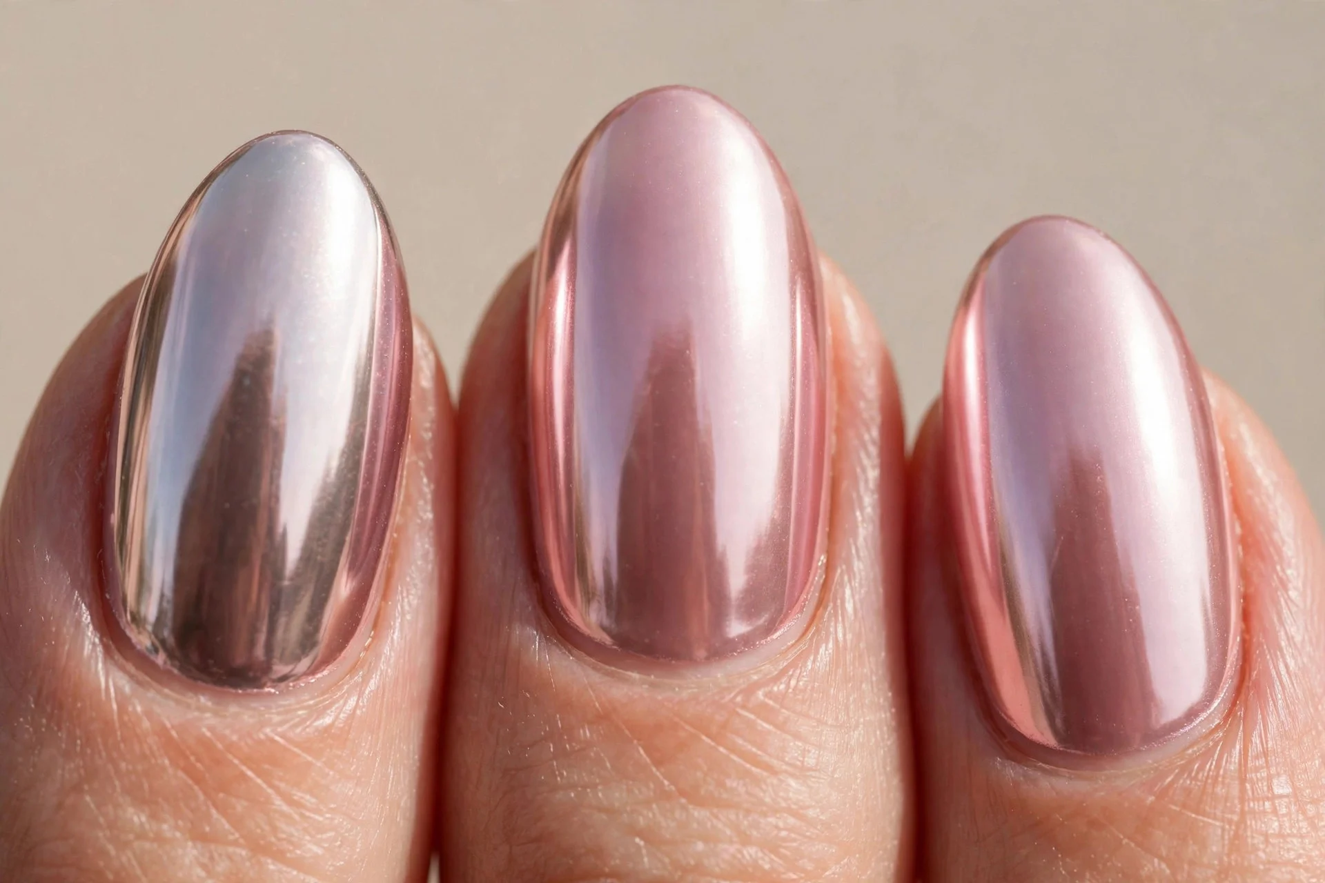icy blush-pink chrome nails, medium almond shape, mirror-like finish