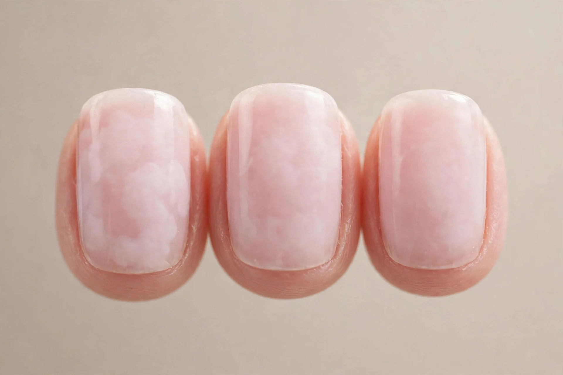 milky semi-sheer baby-pink gel on short squoval nails, soft finish