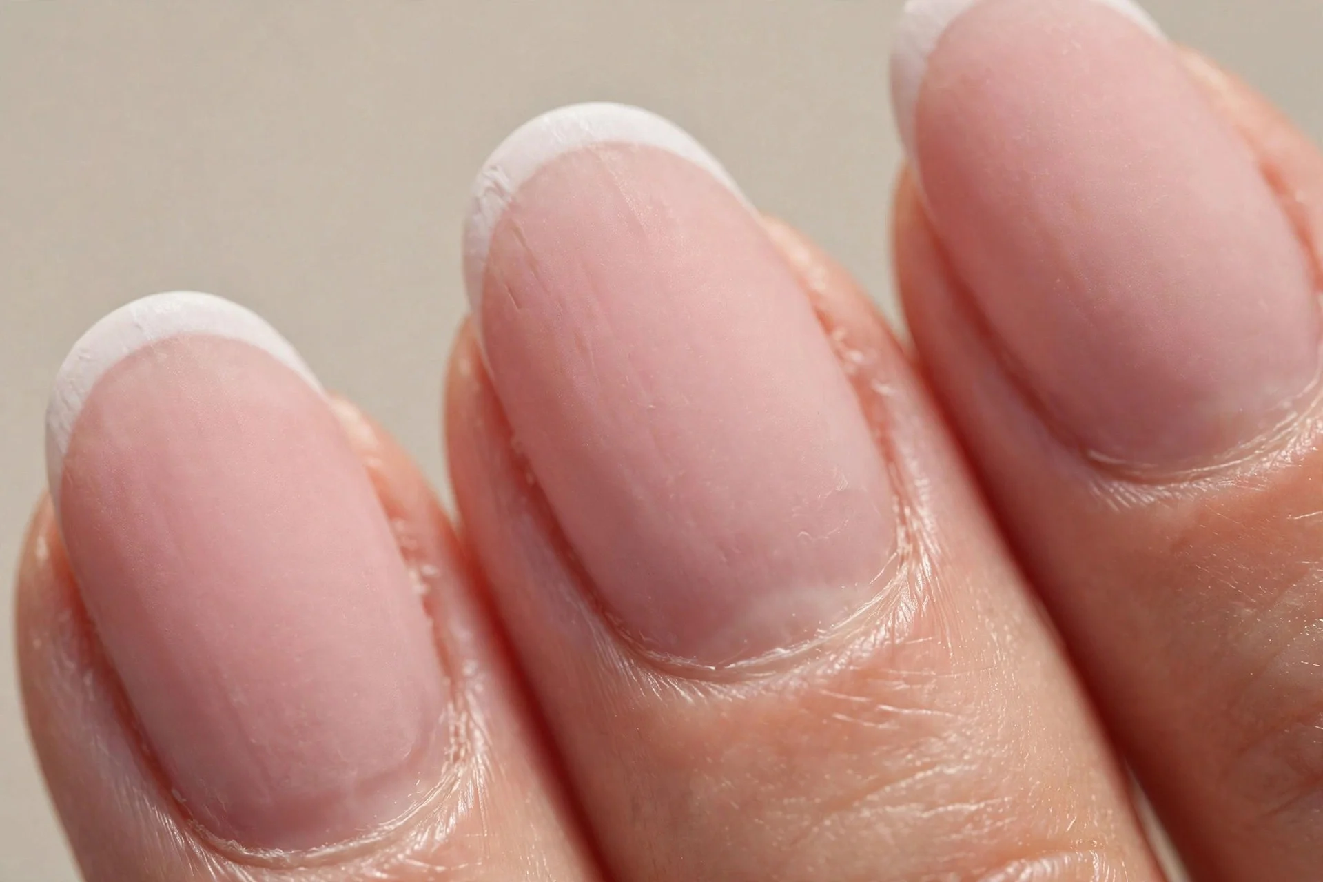 French manicure with powdery blush-pink base and thin white tips, medium almond nails