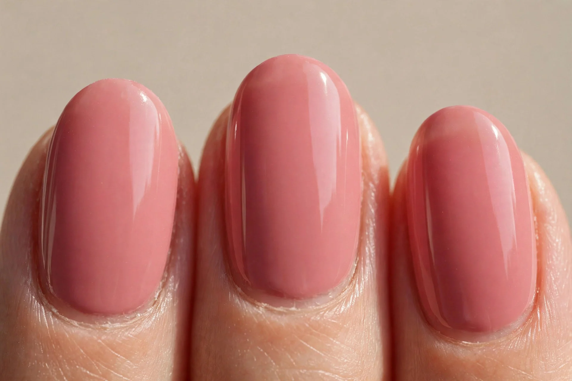 warm opaque peony-pink creme on medium oval nails, glossy finish