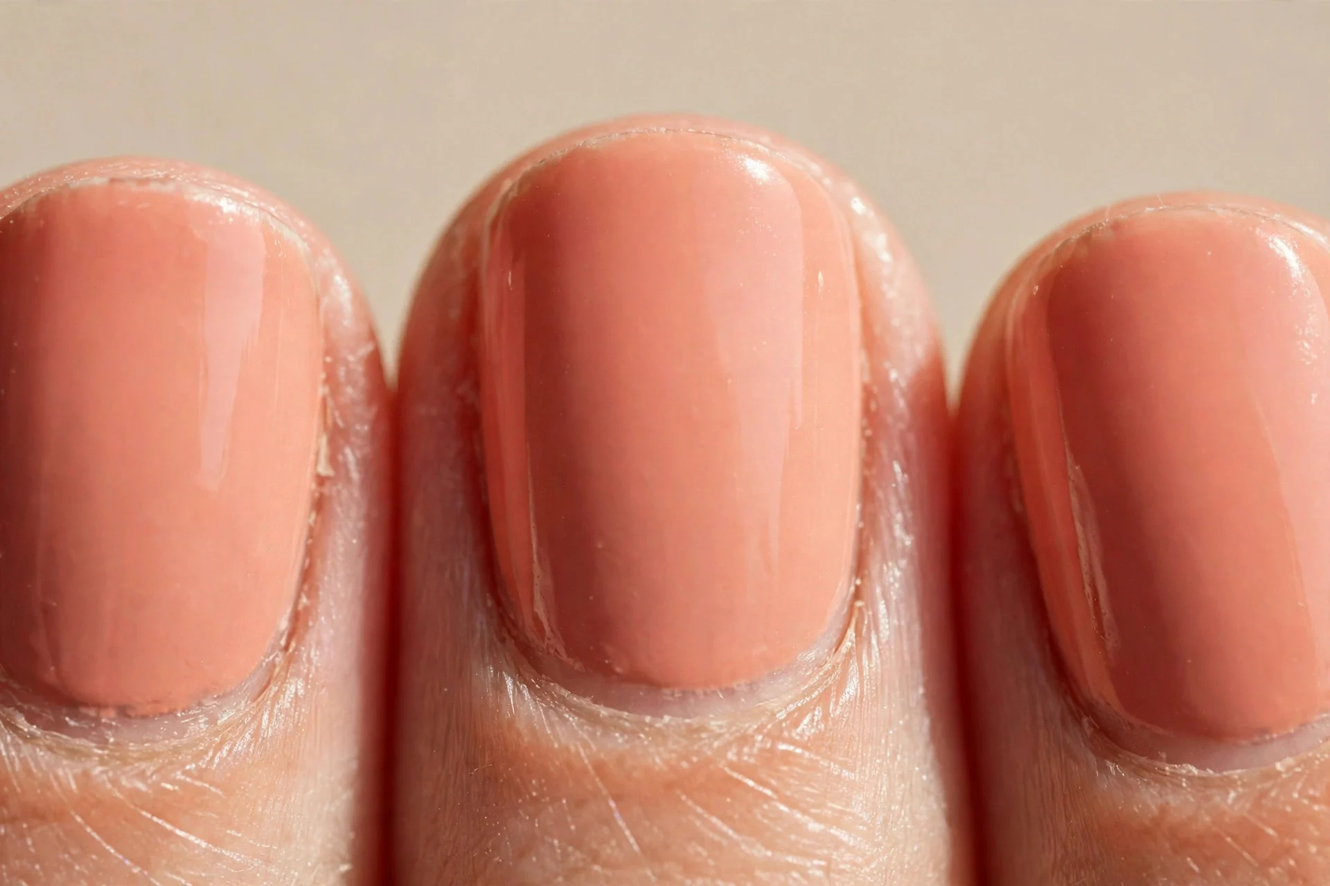 apricot-pink creme polish on short round nails, glossy warm finish