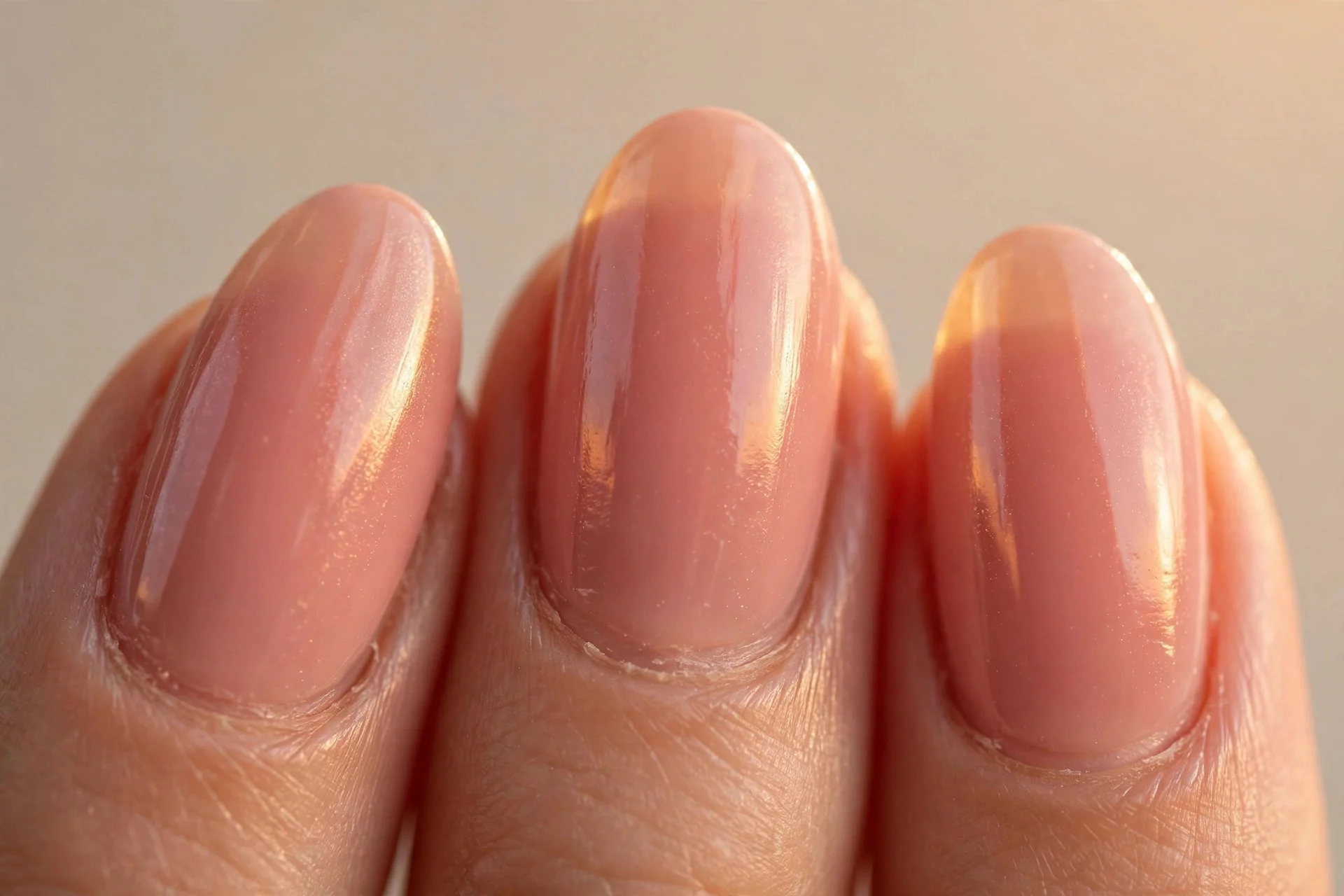 peachy blush-pink gel with warm glazed finish on medium almond nails