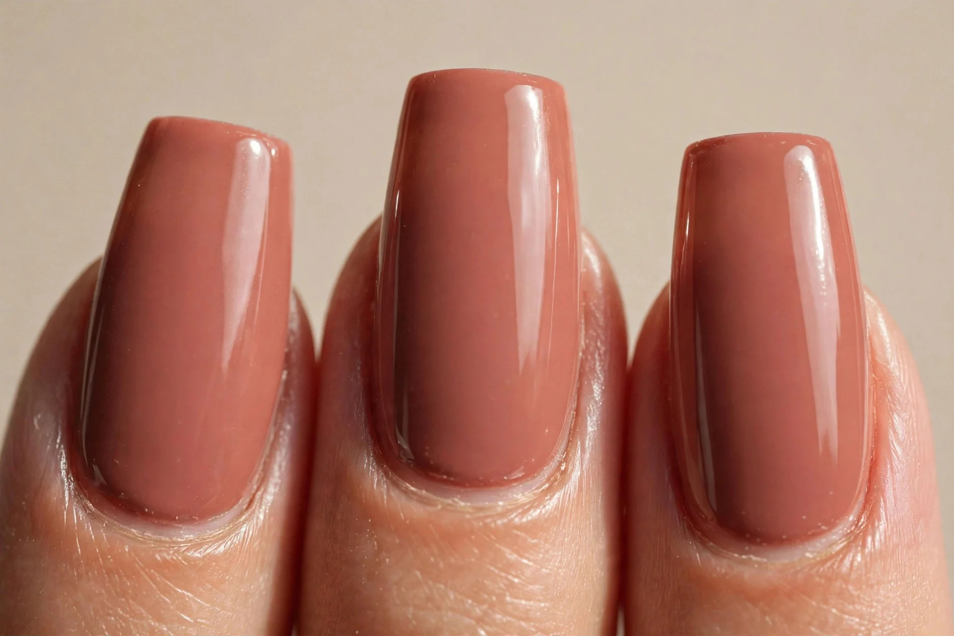 dusty terracotta-rose creme on medium coffin nails, high-gloss finish