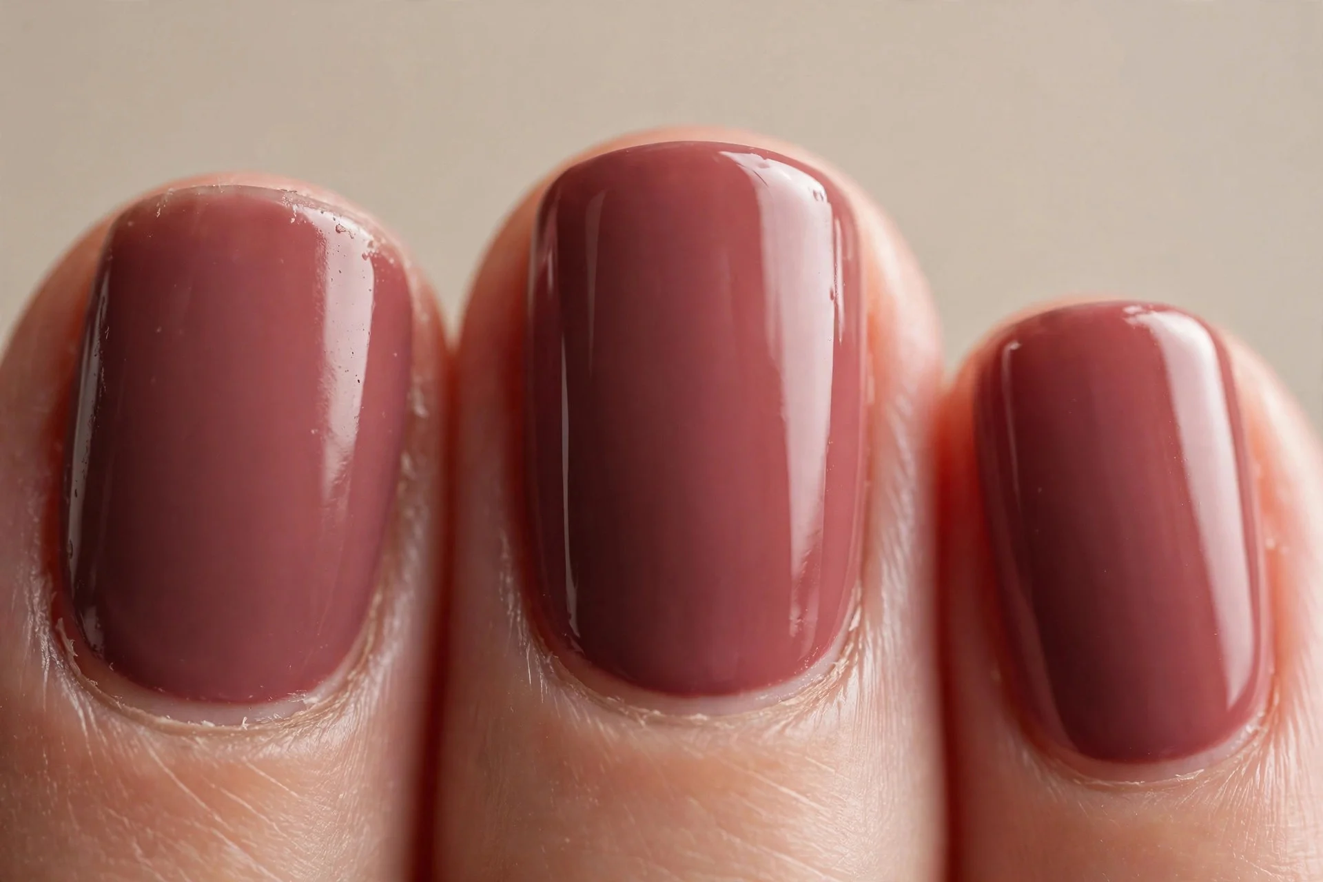 deep rosewood brown-pink creme on short squoval nails, glossy