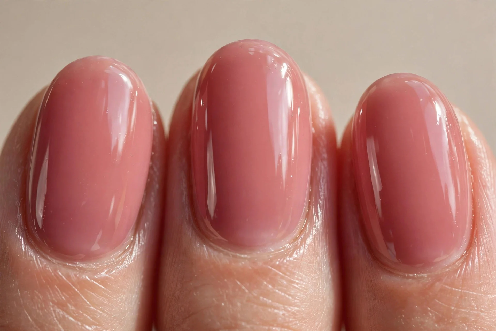 medium rose-pink gel with clear glazed finish on medium oval nails