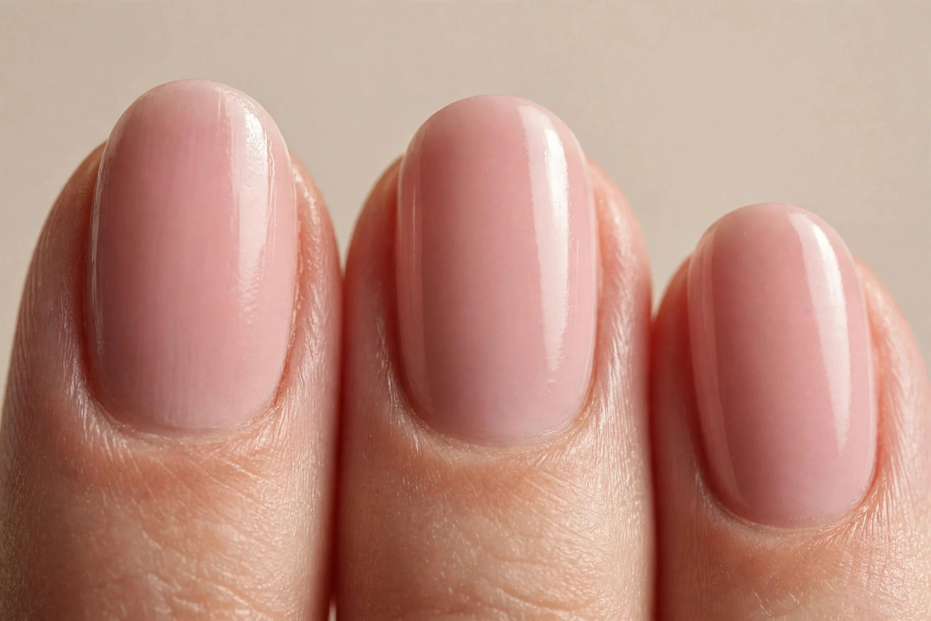 neutral pink-nude blush creme on short almond nails, glossy