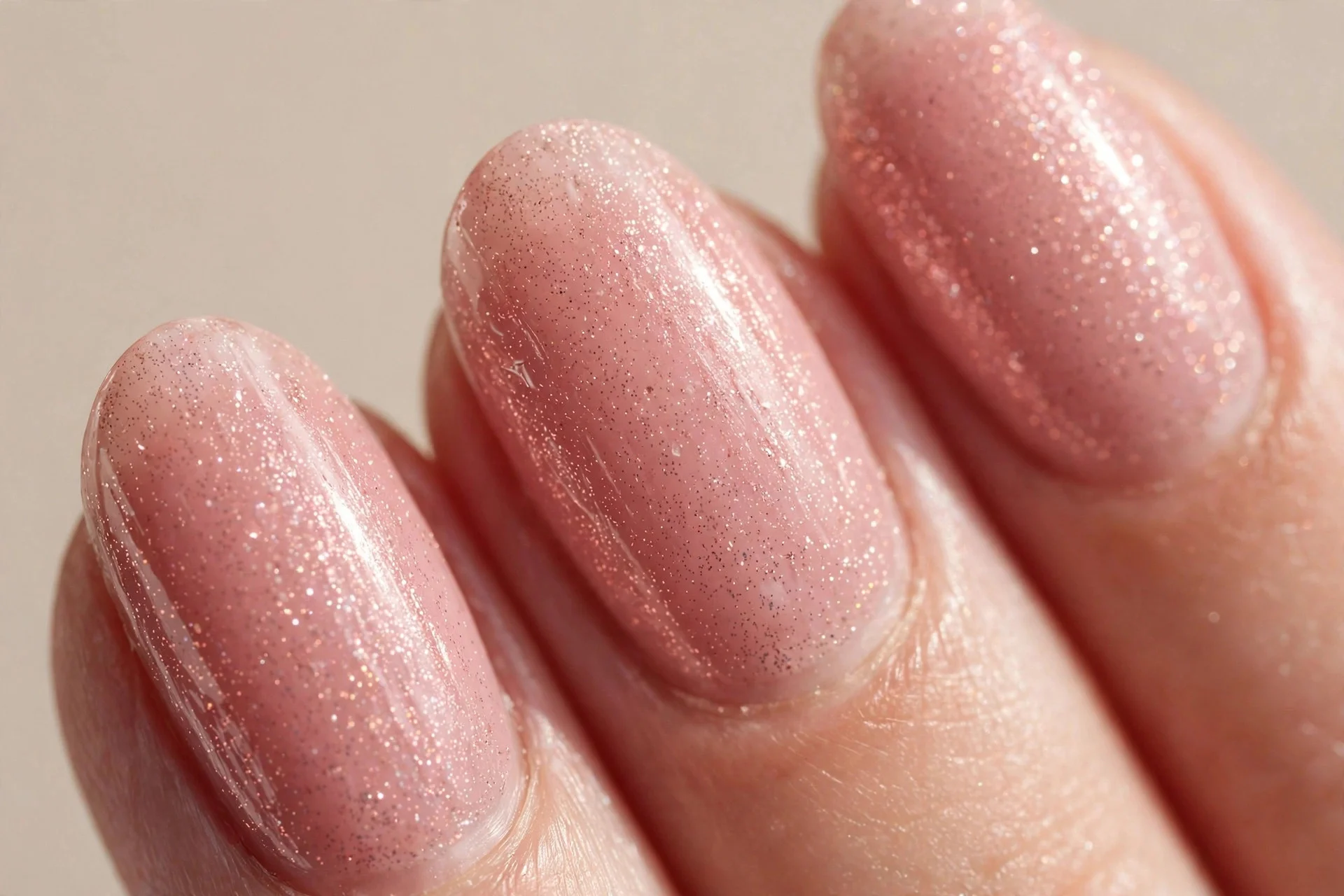 blush-pink gel with fine rose-gold shimmer on medium almond nails