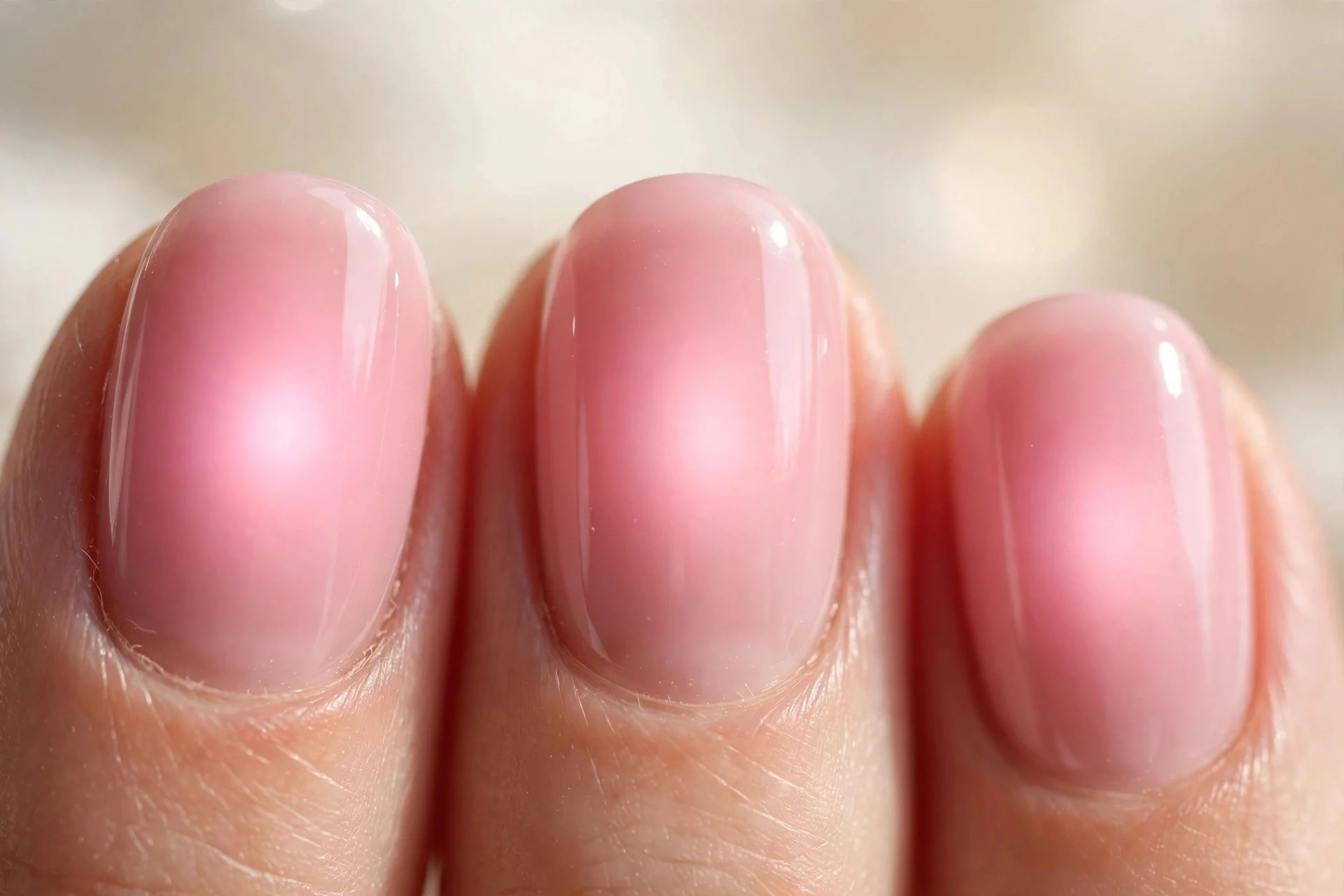 Blush pink aura nails with a soft glowing centre on each nail, glossy, cream background
