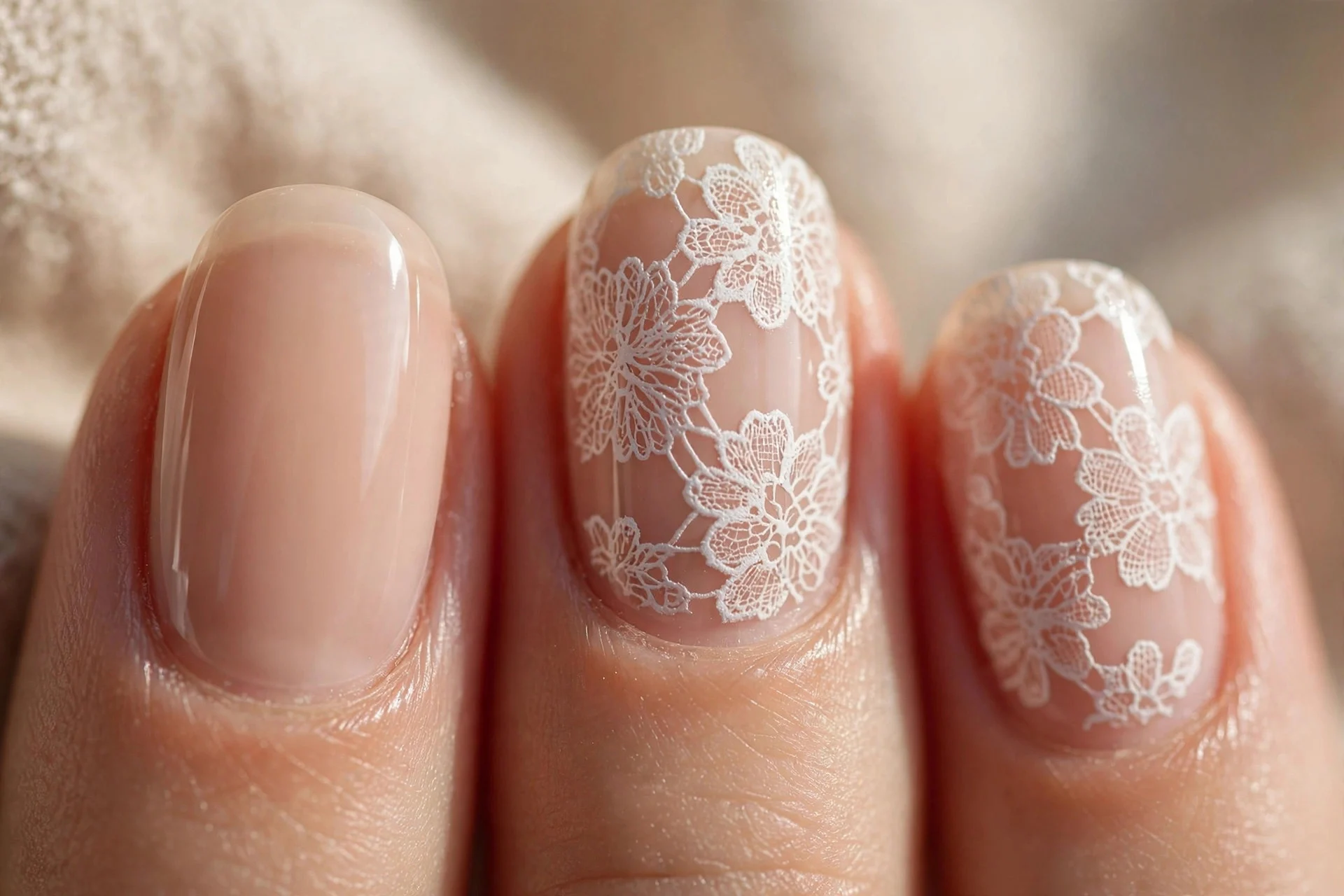 Sheer nude nails with white lace stamping on two accent nails, glossy, beige background