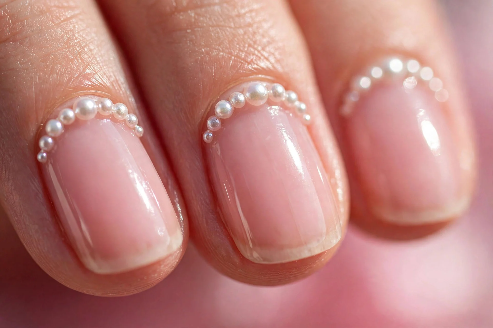 Sheer pink nails with a row of tiny pearls along each cuticle, glossy, soft pink background