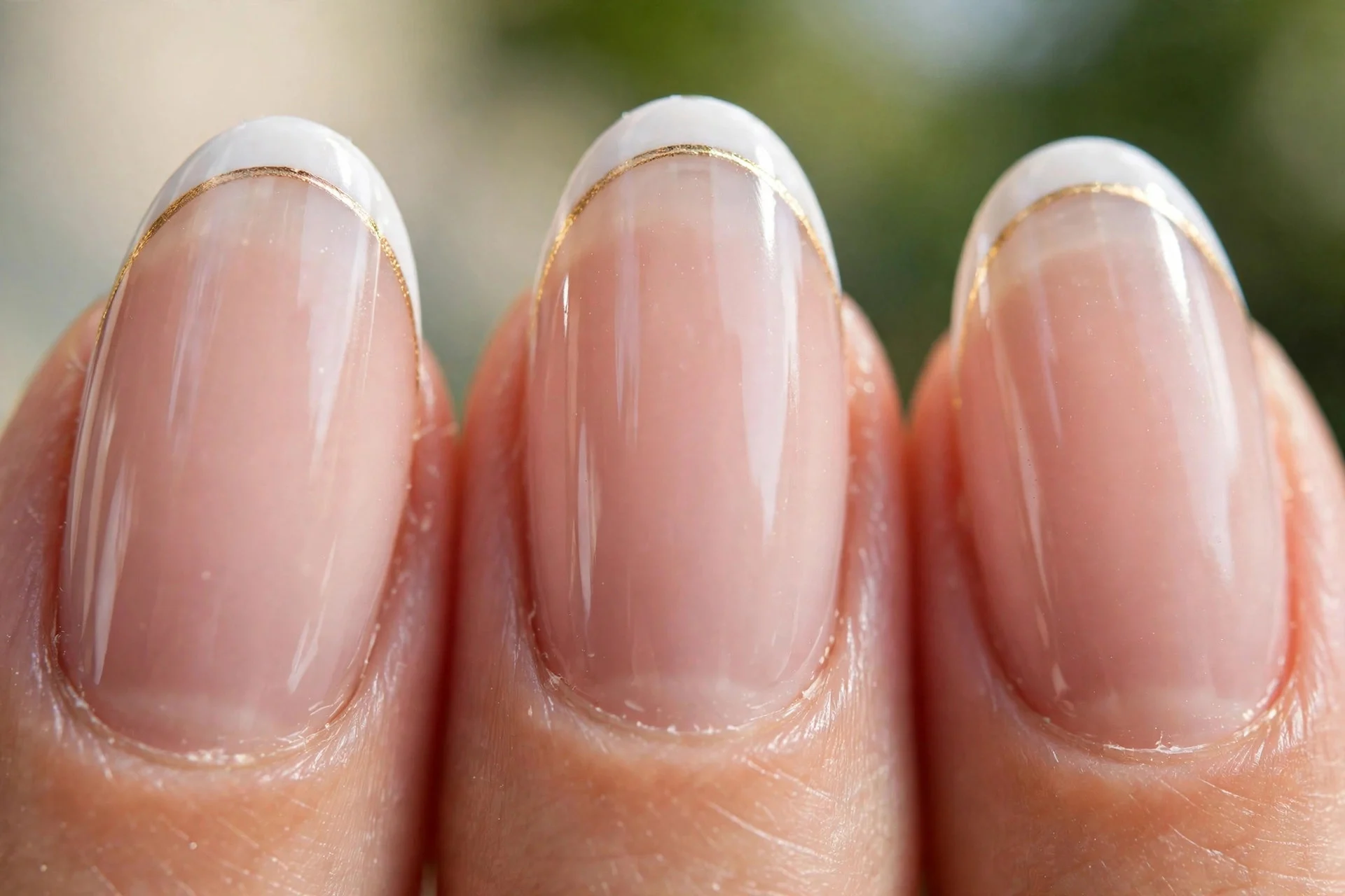 Micro French nails with ultra-thin white tips edged in fine gold, almond shape, glossy
