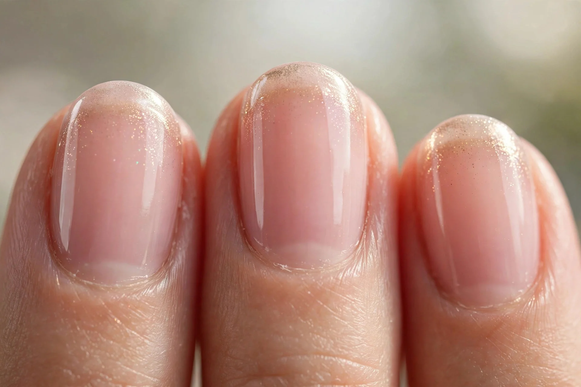 French manicure with soft champagne shimmer tips over sheer pink, short oval nails, glossy