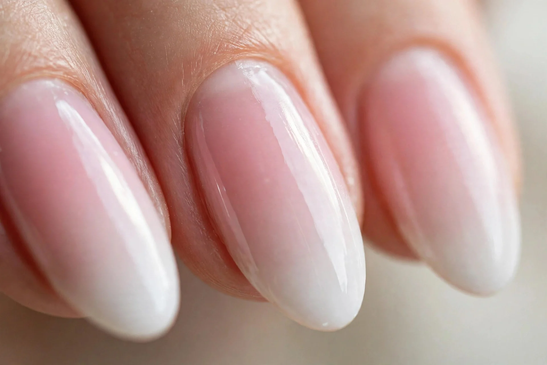 Pink-to-white ombr&eacute; nails with a soft seamless fade, almond shape, glossy, neutral background