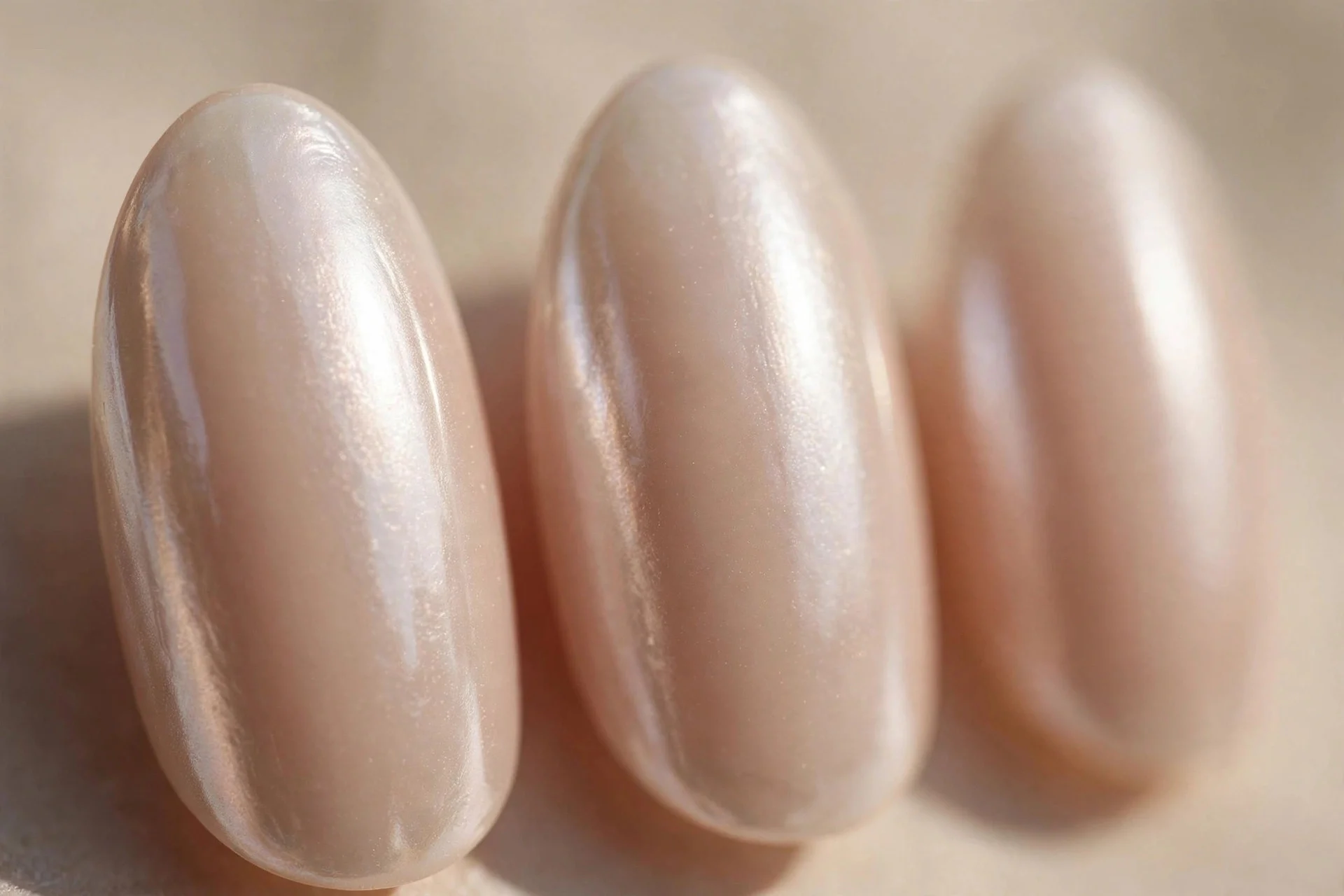 Nude almond nails with a sheer pearl chrome glaze, soft reflective shine, beige background
