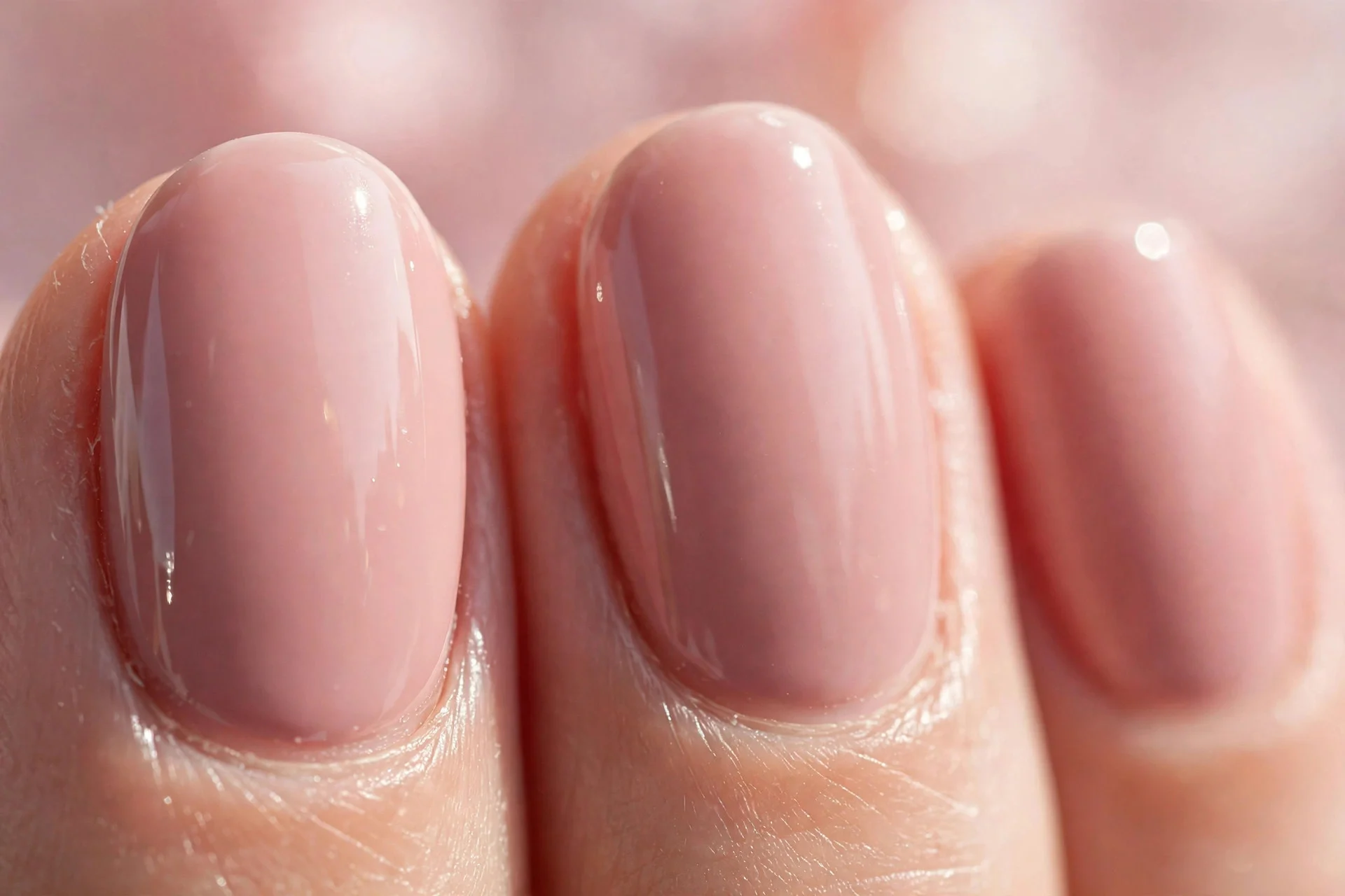 Muted rose cr&egrave;me polish on oval nails, soft and glossy, blush background