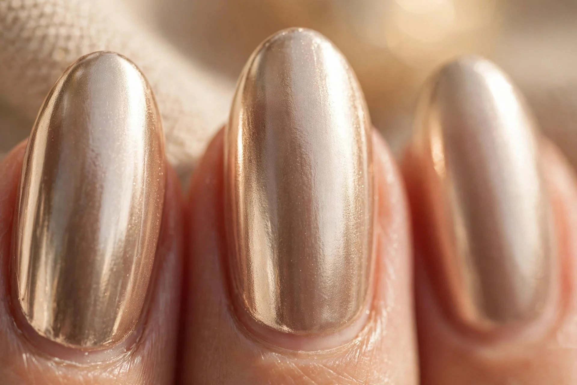 Champagne chrome nails with a soft mirrored glow over nude, almond shape, warm background