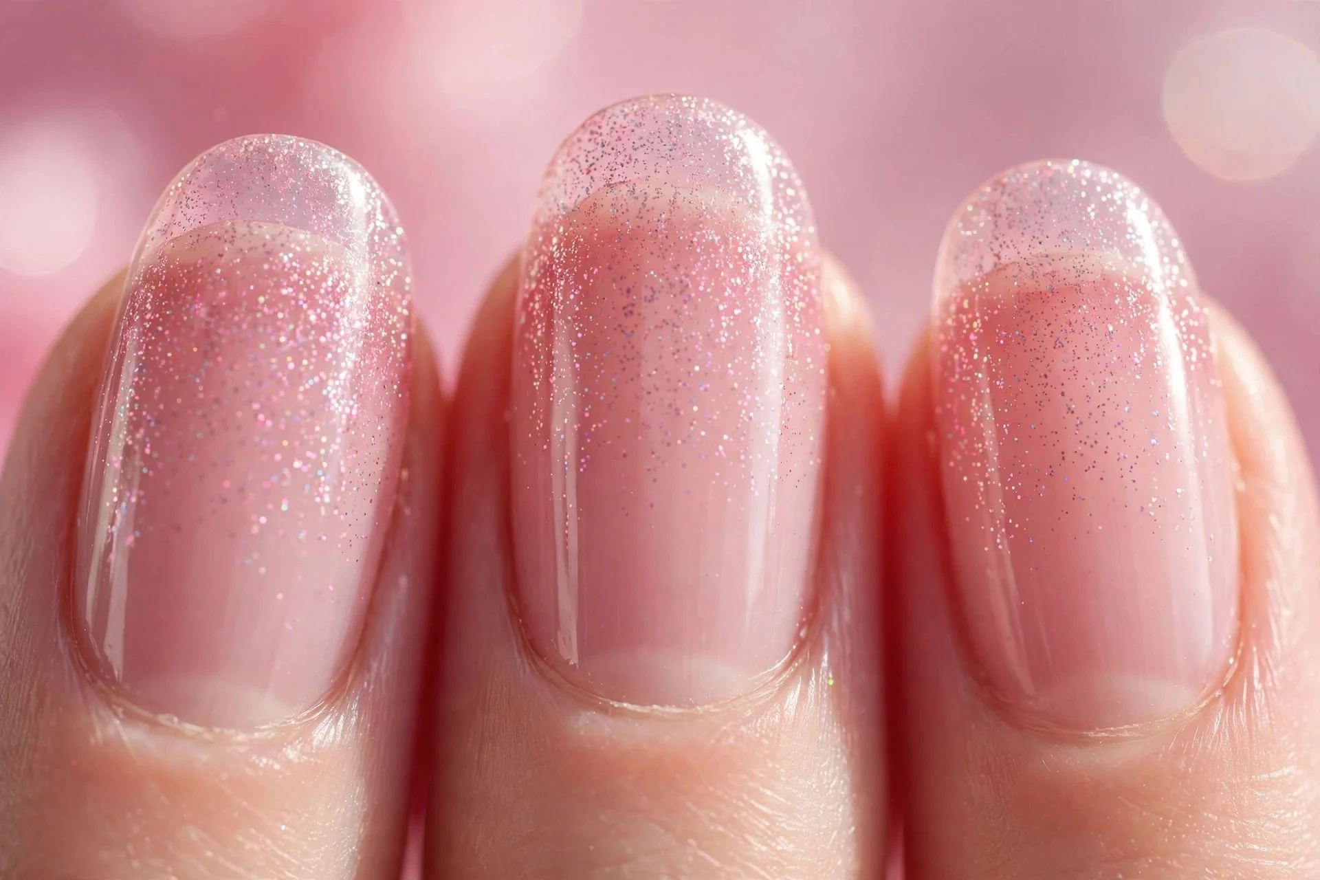 Sheer pink nails with fine glitter fading from the tips, glossy, pink background