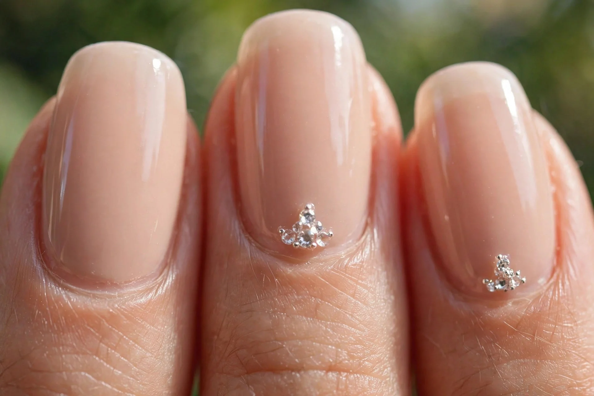 Nude nails with a tiny cluster of crystals at the cuticle of two accent nails, glossy