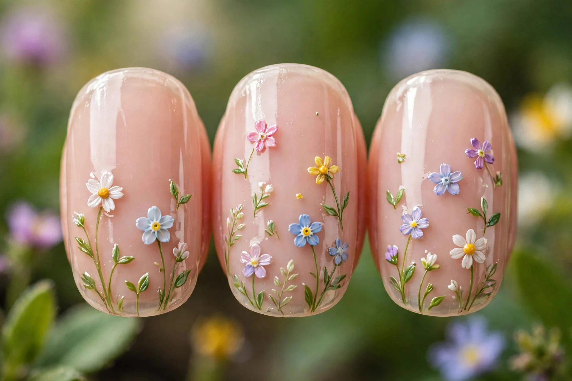 Sheer nude nails with tiny hand-painted wildflowers scattered across, glossy, garden background