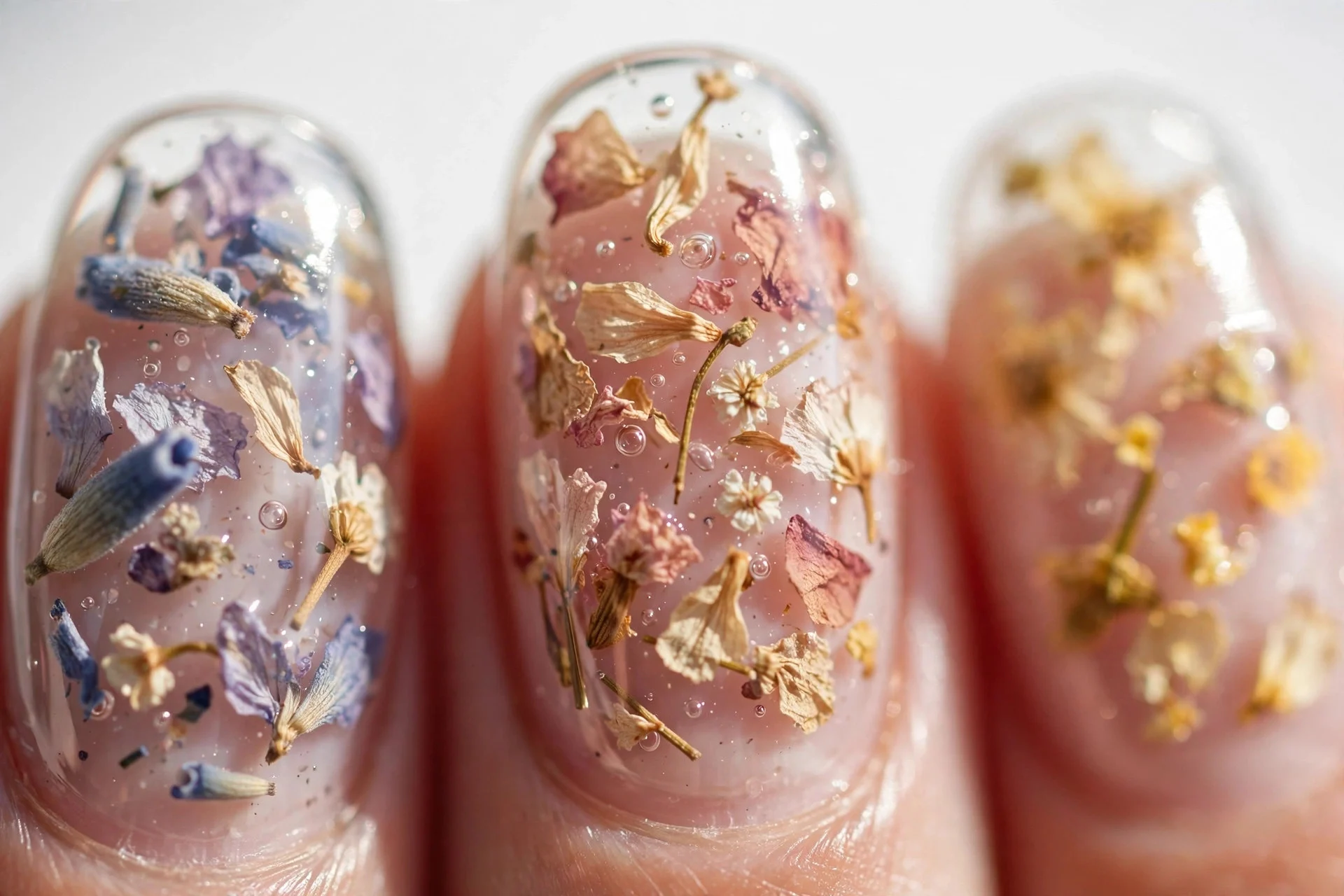 Clear gel nails with real dried flower petals encapsulated inside, glossy, white background