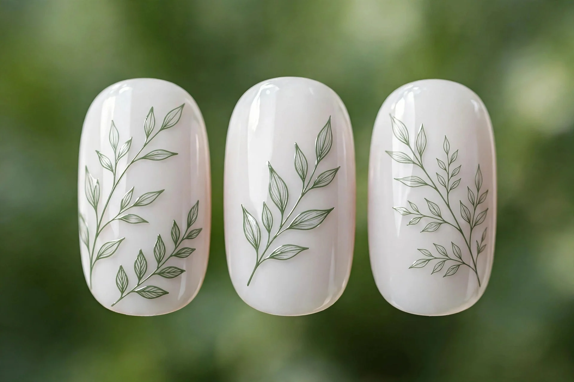 Milky white nails with fine sage-green leaf line art, glossy, soft green background