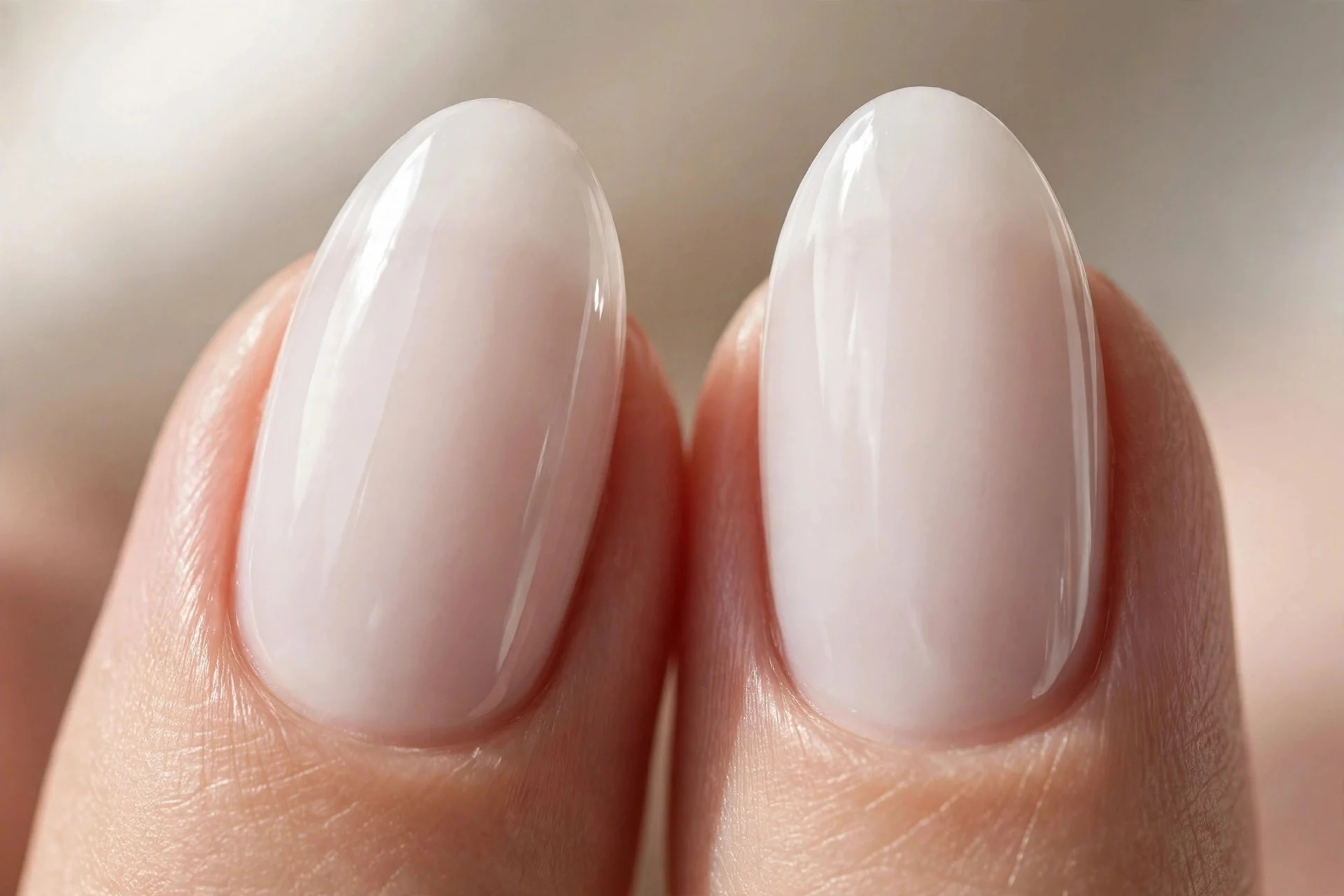 Extreme macro of two almond fingernails, sheer milky white polish