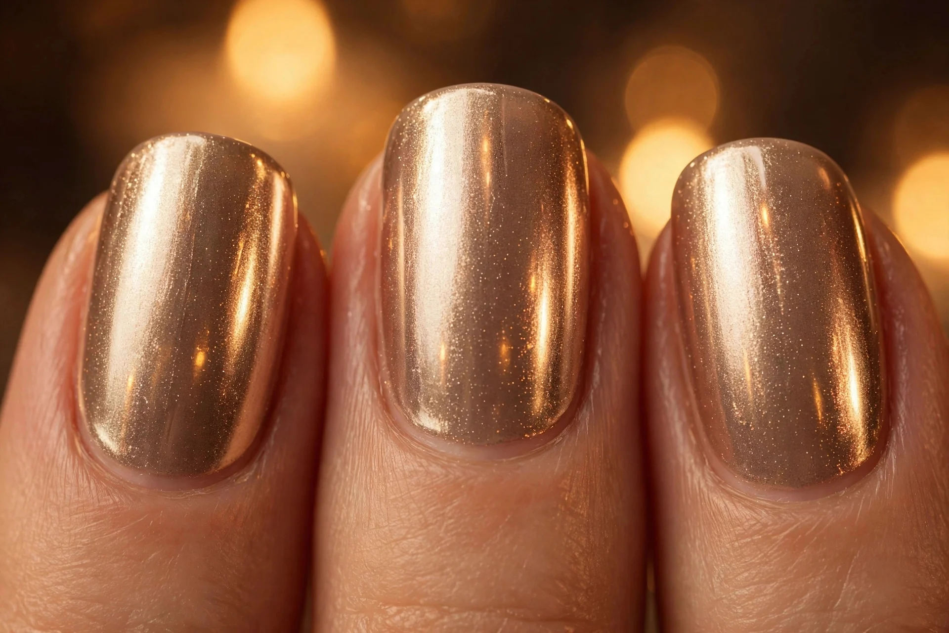 Extreme macro of three fingernails with champagne chrome shimmer