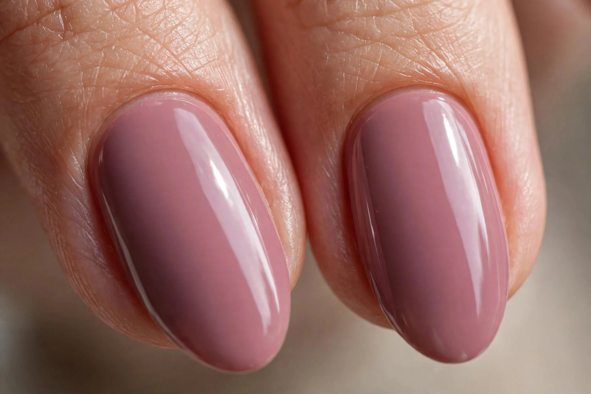 Extreme macro of two almond fingernails, dusty mauve polish