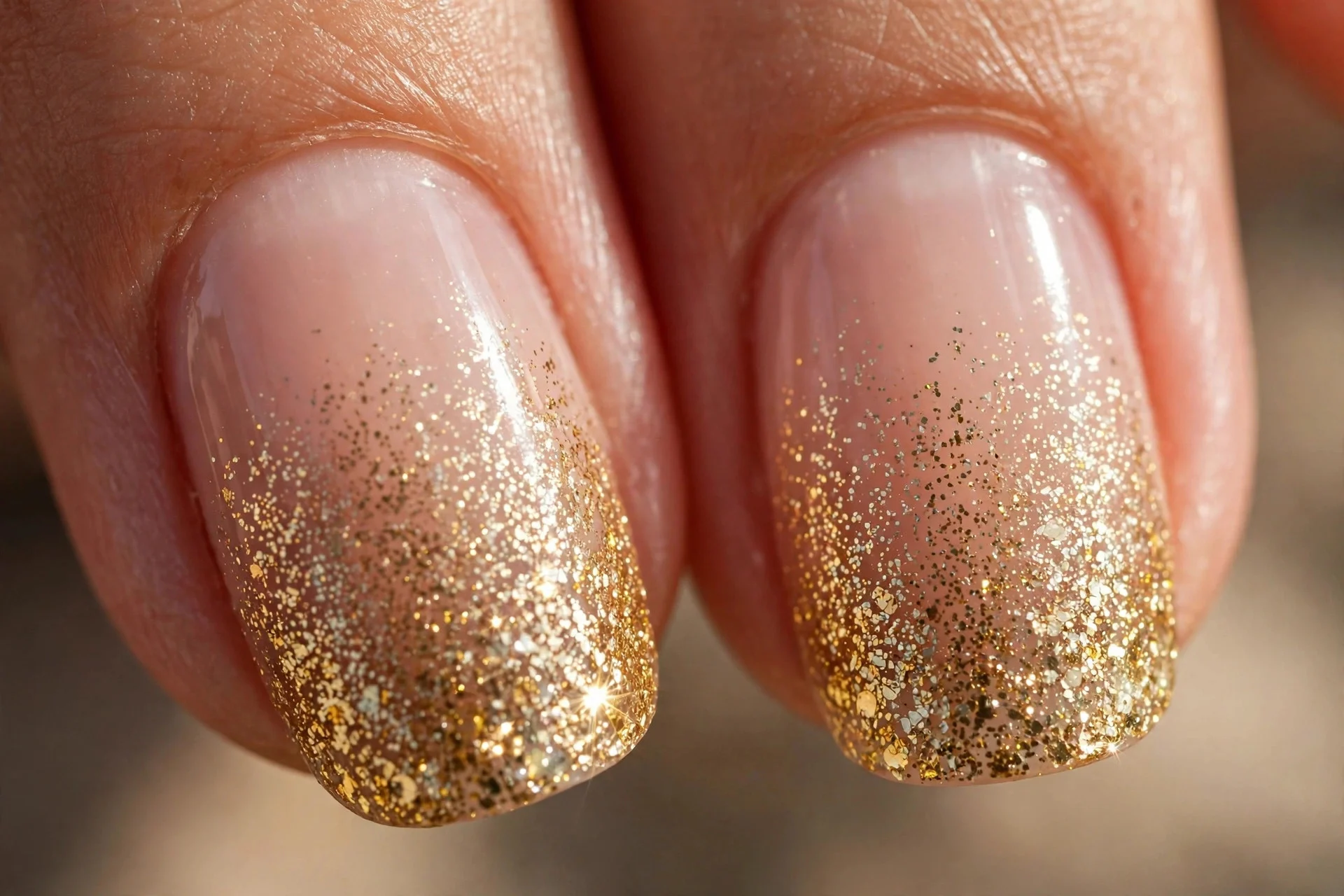 Extreme macro of two fingernails, gold glitter fade at tips
