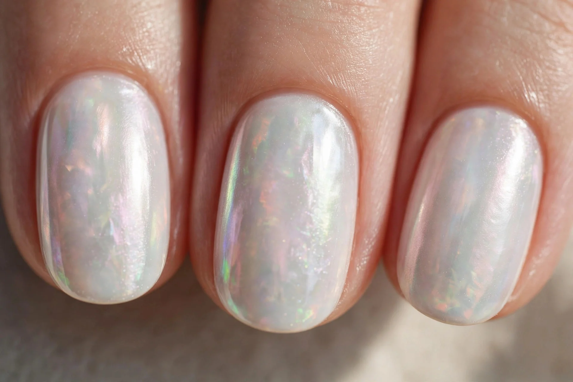 Extreme macro of three fingernails with pearly iridescent chrome
