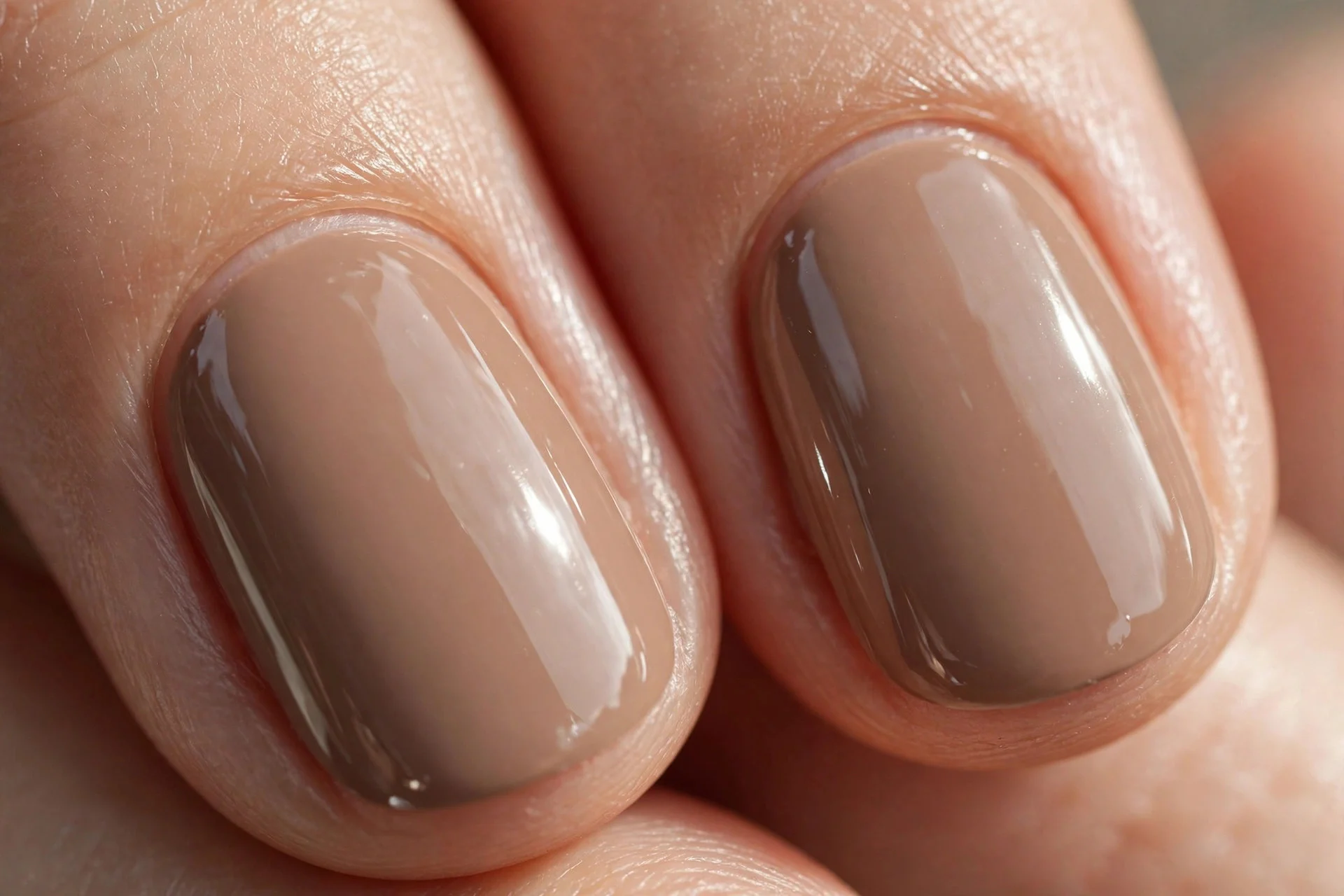 Extreme macro of two fingernails, warm taupe-nude polish