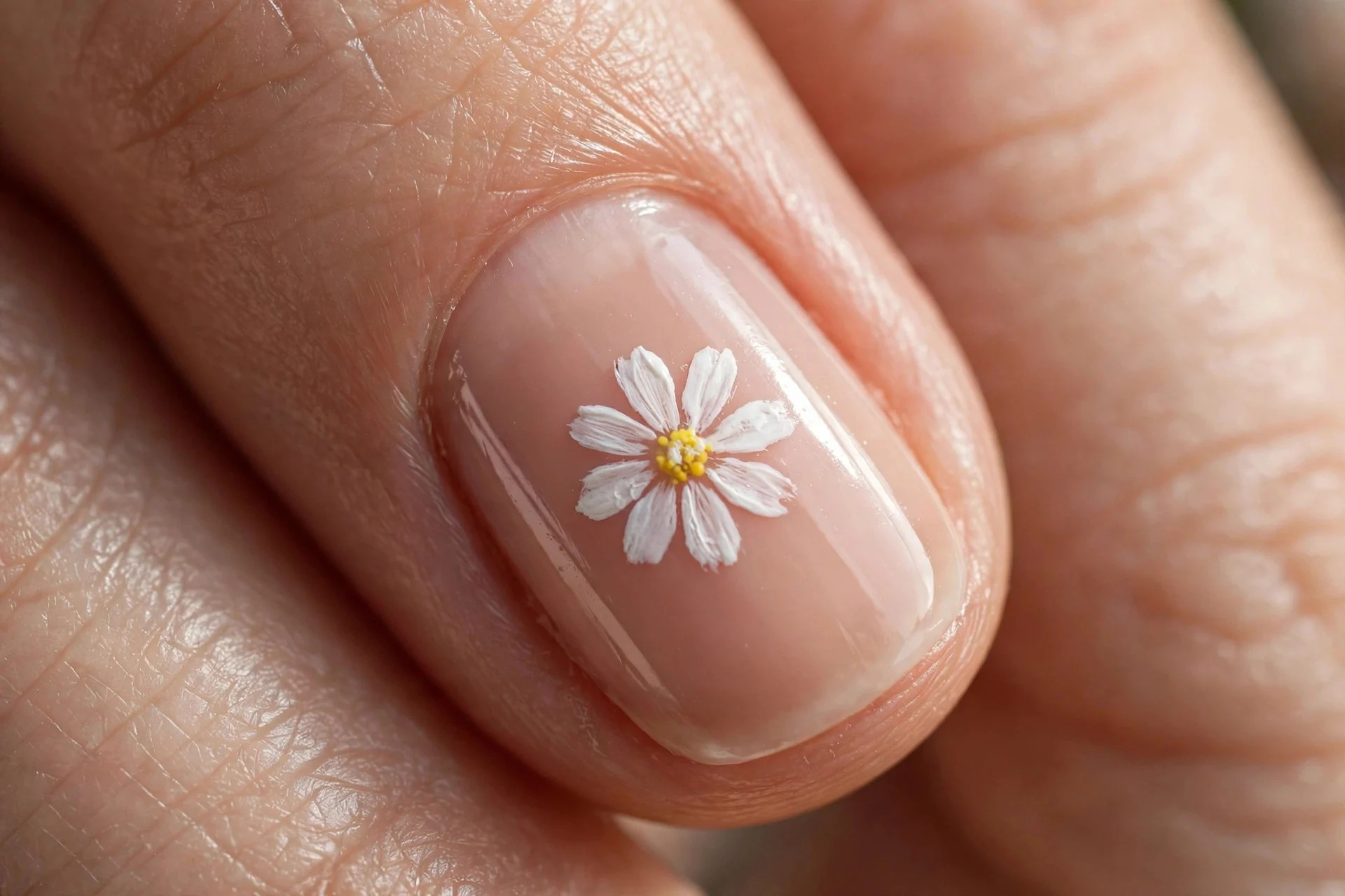 Extreme macro of one fingernail, tiny white daisy, nude base