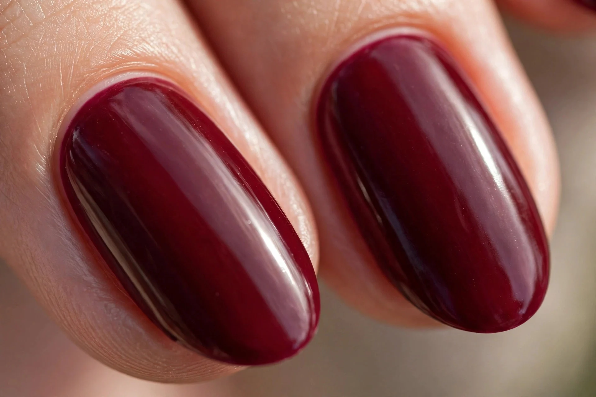 Extreme macro of two almond fingernails, deep burgundy polish