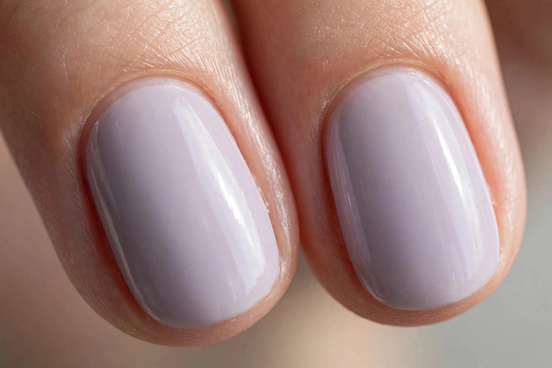 Extreme macro of two oval fingernails, soft lavender polish