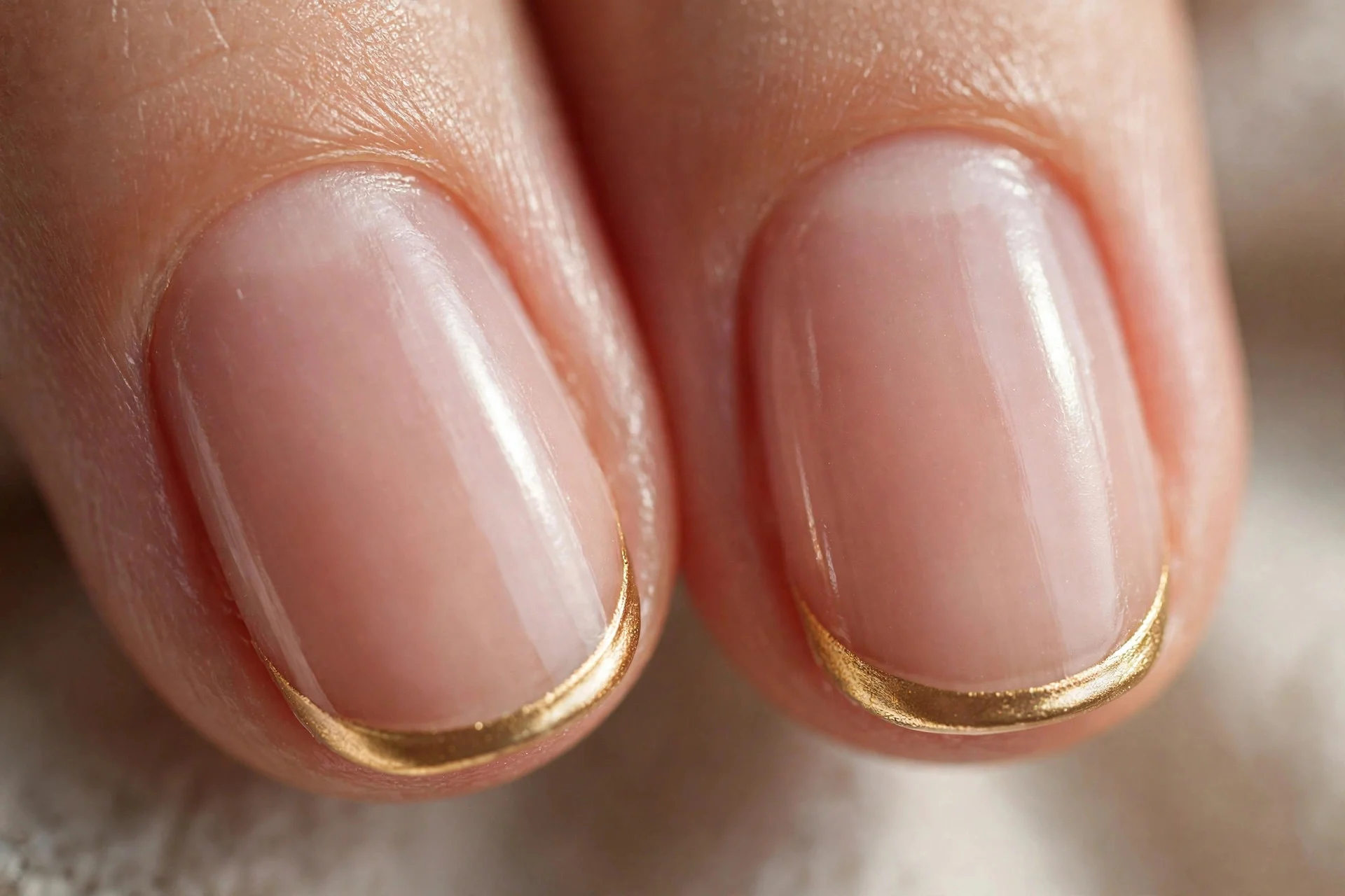 Extreme macro of two fingernails with thin gold French tips