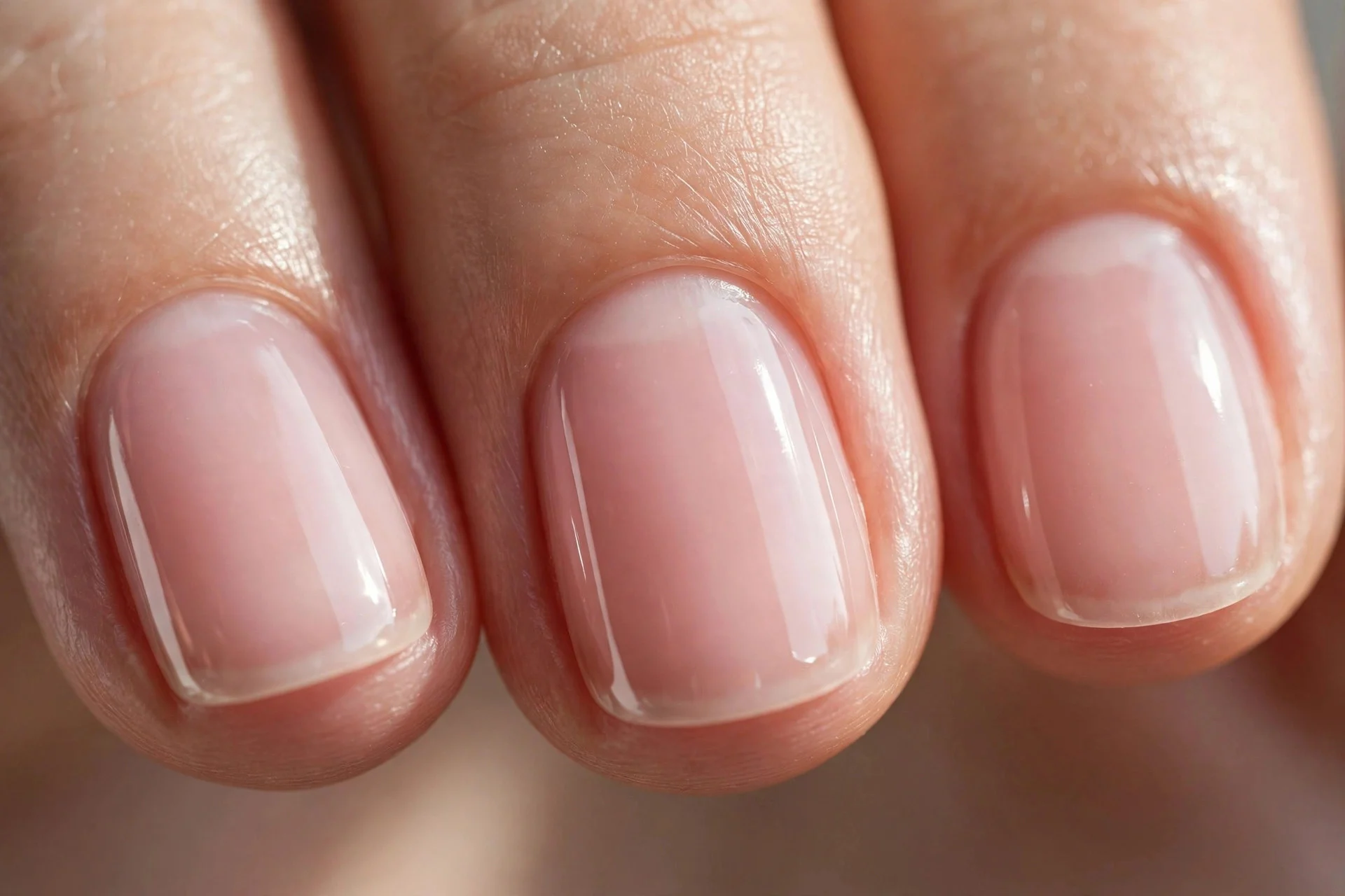 Extreme macro of three short fingernails, sheer pink builder gel