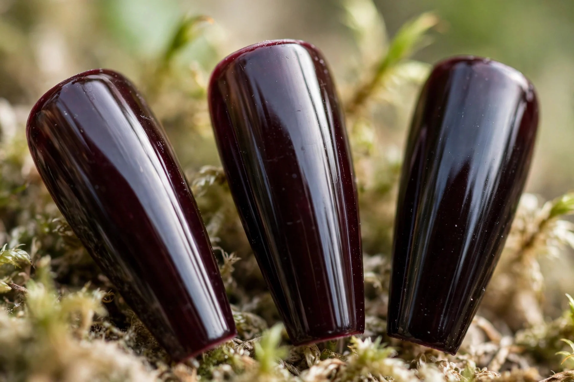 Black cherry near-black burgundy polish, long coffin nails, glossy