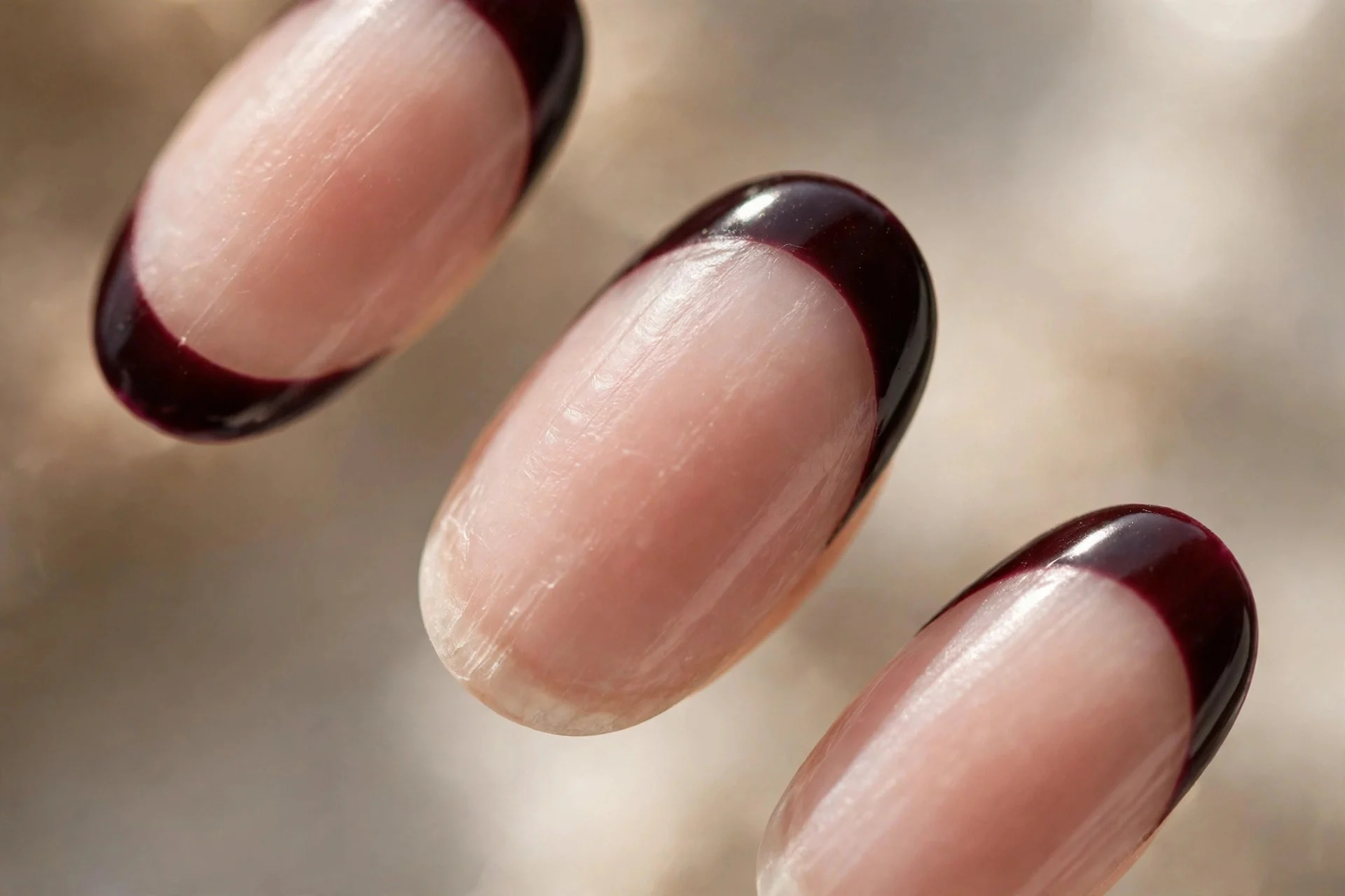 Sheer nude French base with black cherry tips, oval nails
