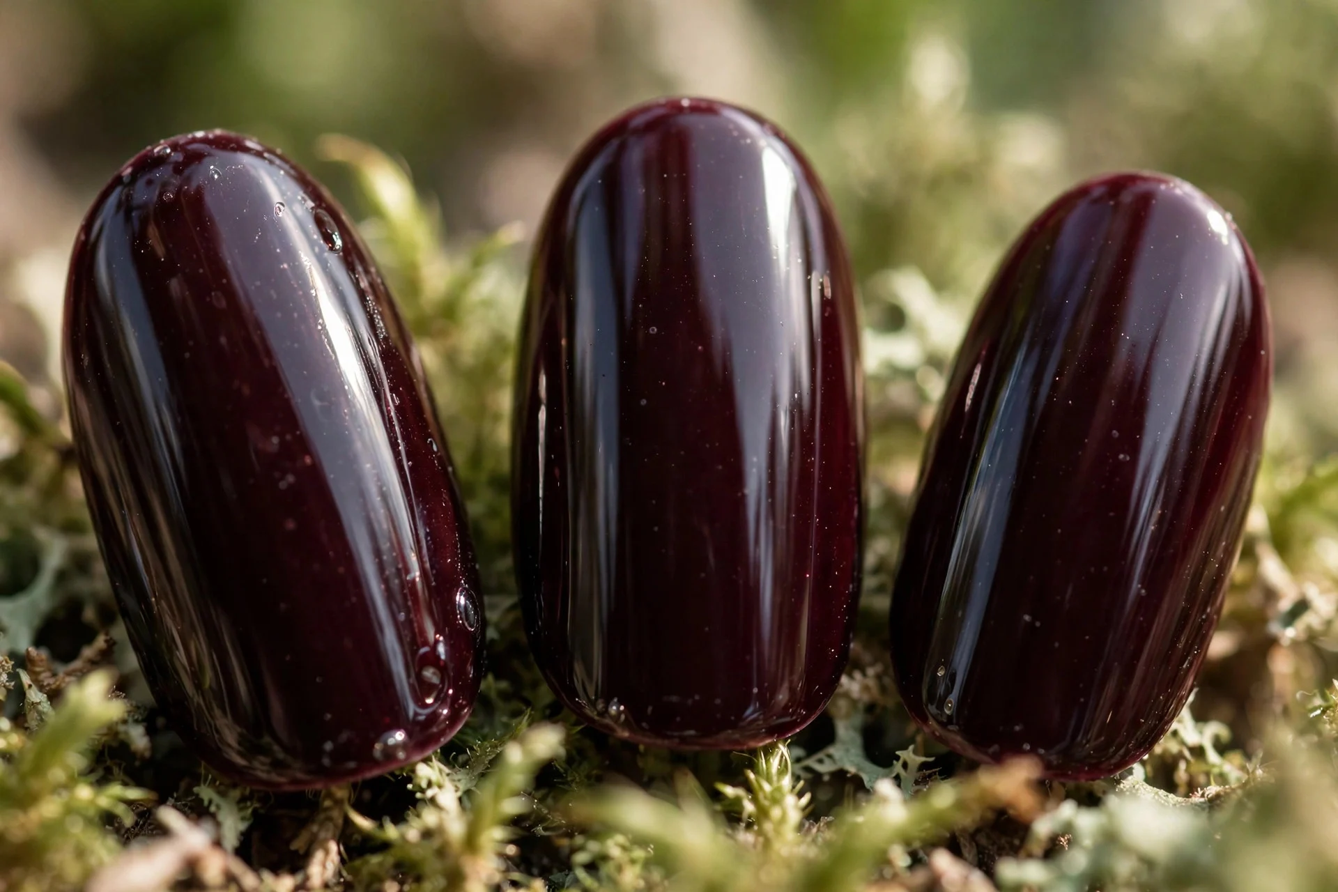 Very dark merlot wine polish, medium almond nails, high gloss